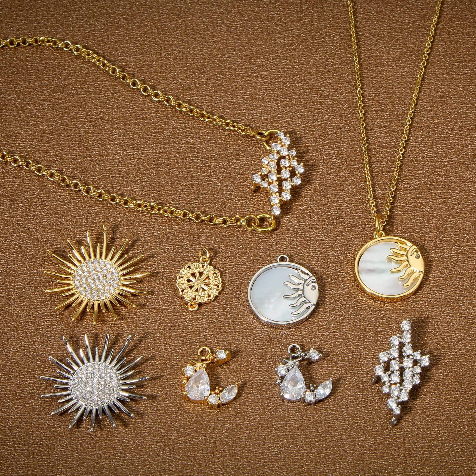 Picture of Natural Shell & Brass Galaxy Charms Real Gold Plated Round Sun Clear Cubic Zirconia 17mm x 15mm