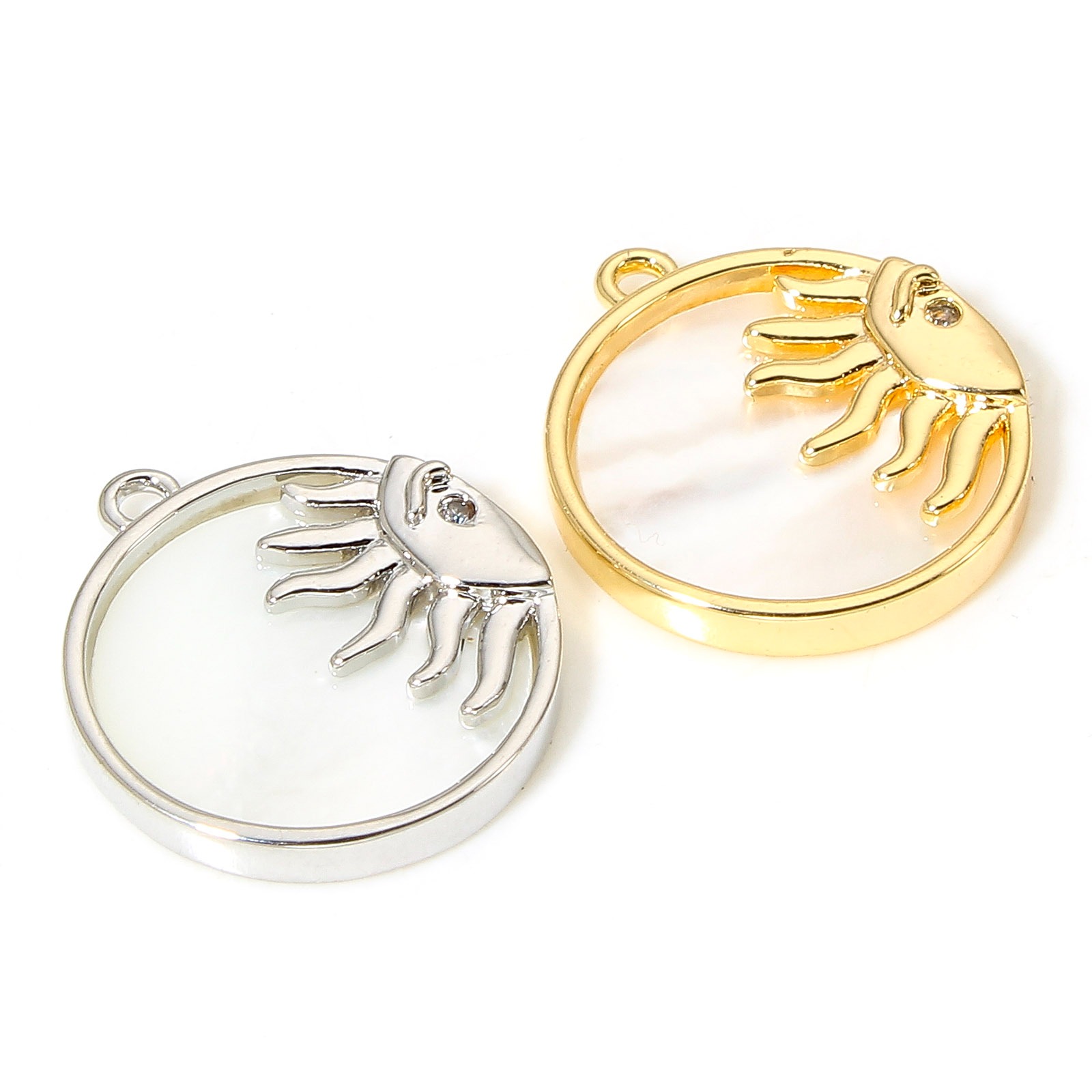 Picture of Natural Shell & Brass Galaxy Charms Real Gold Plated Round Sun Clear Cubic Zirconia 17mm x 15mm