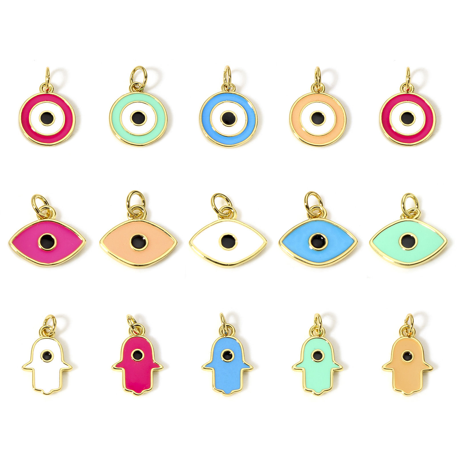 Bild von 2 Stück Messing Religiös Charms 18K Echtgold plattiert Bunt Böser Blick Evil Eye Emaille