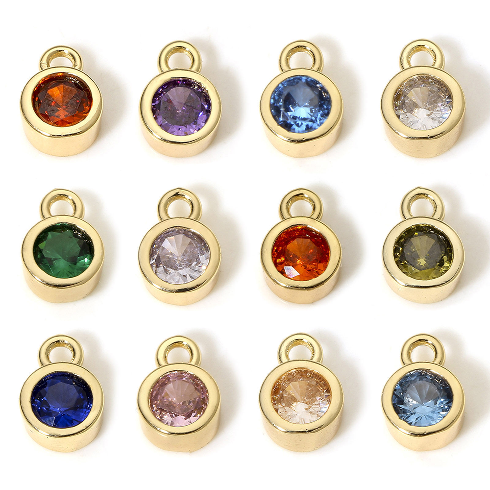 Immagine di 2 Pz Ottone Pietre Nascita Charms Tondo 18K Vero Oro Placcato Multicolore Cubic Zirconiae 8mm x 5.5mm