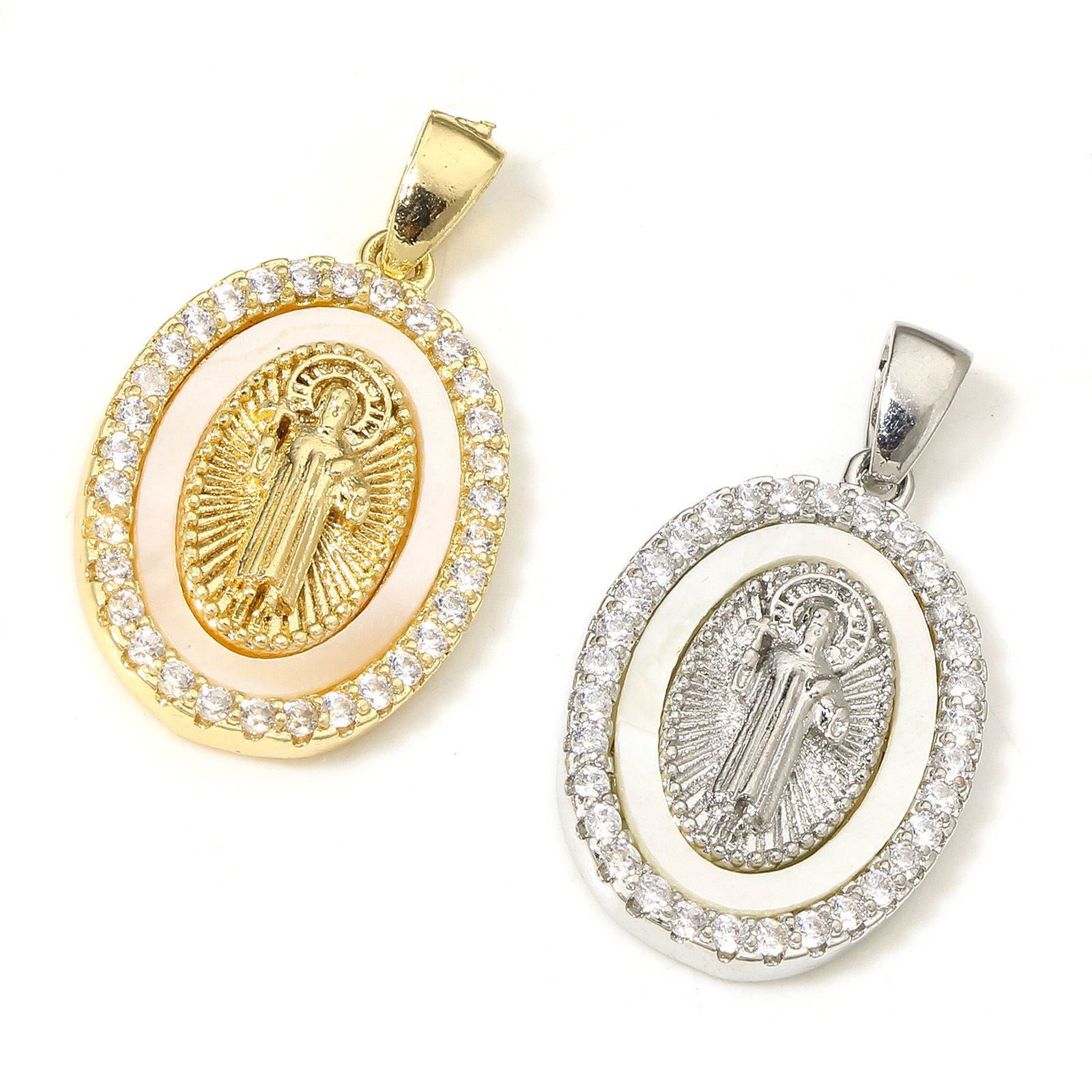 Bild von 1 Stück Umweltfreundlich Muschel & Messing Religiös Charm-Anhänger Echtgold plattiert Oval Jesus Micro Pave Klar Zirkonia 26mm x 14,5mm