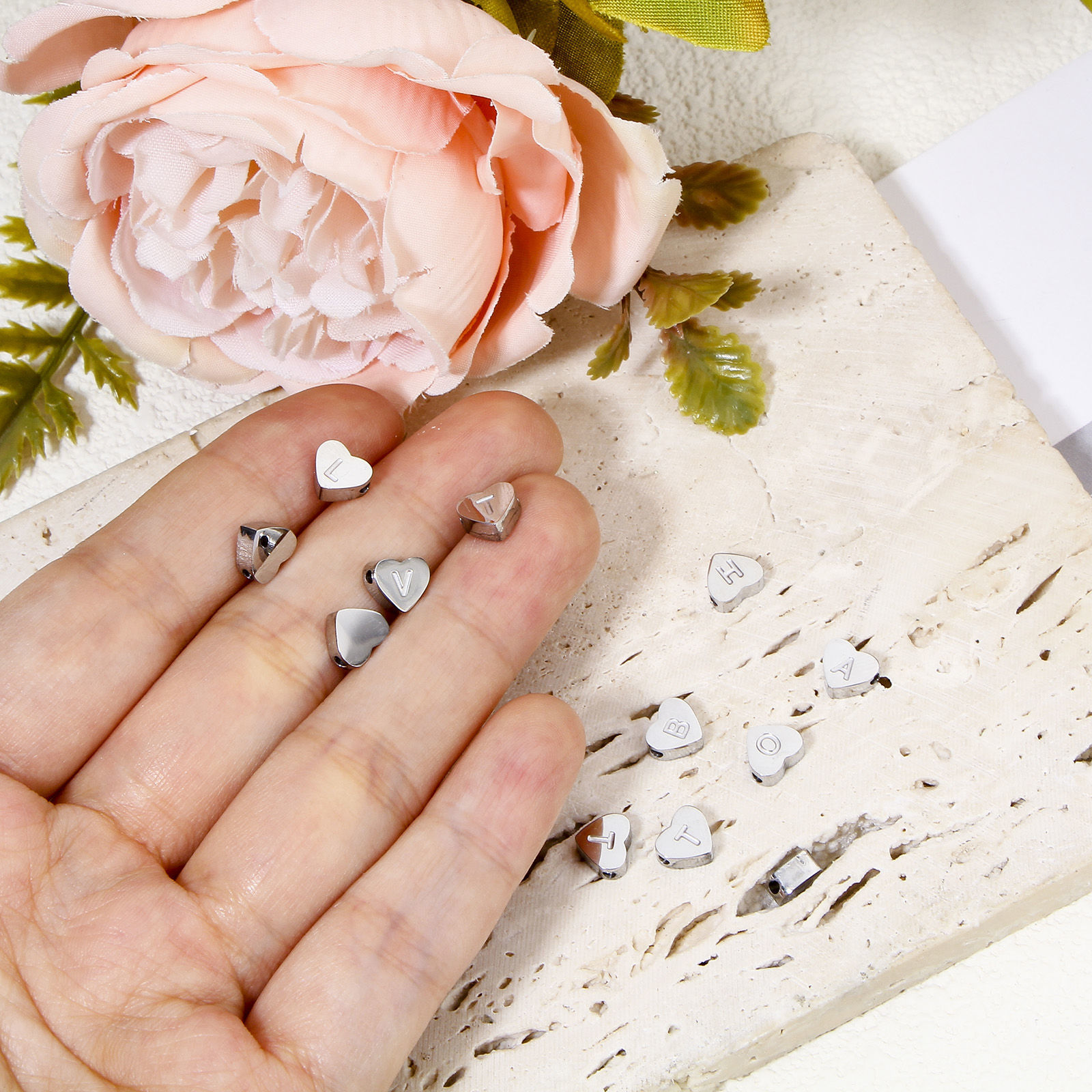 Picture of Eco-friendly 304 Stainless Steel Valentine's Day Beads For DIY Jewelry Making Heart Silver Tone Initial Alphabet/ Capital Letter