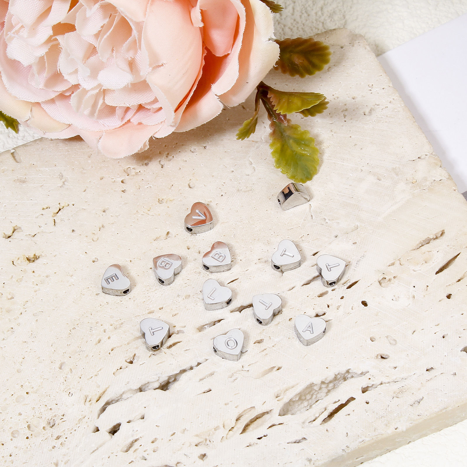 Picture of Eco-friendly 304 Stainless Steel Valentine's Day Beads For DIY Jewelry Making Heart Silver Tone Initial Alphabet/ Capital Letter