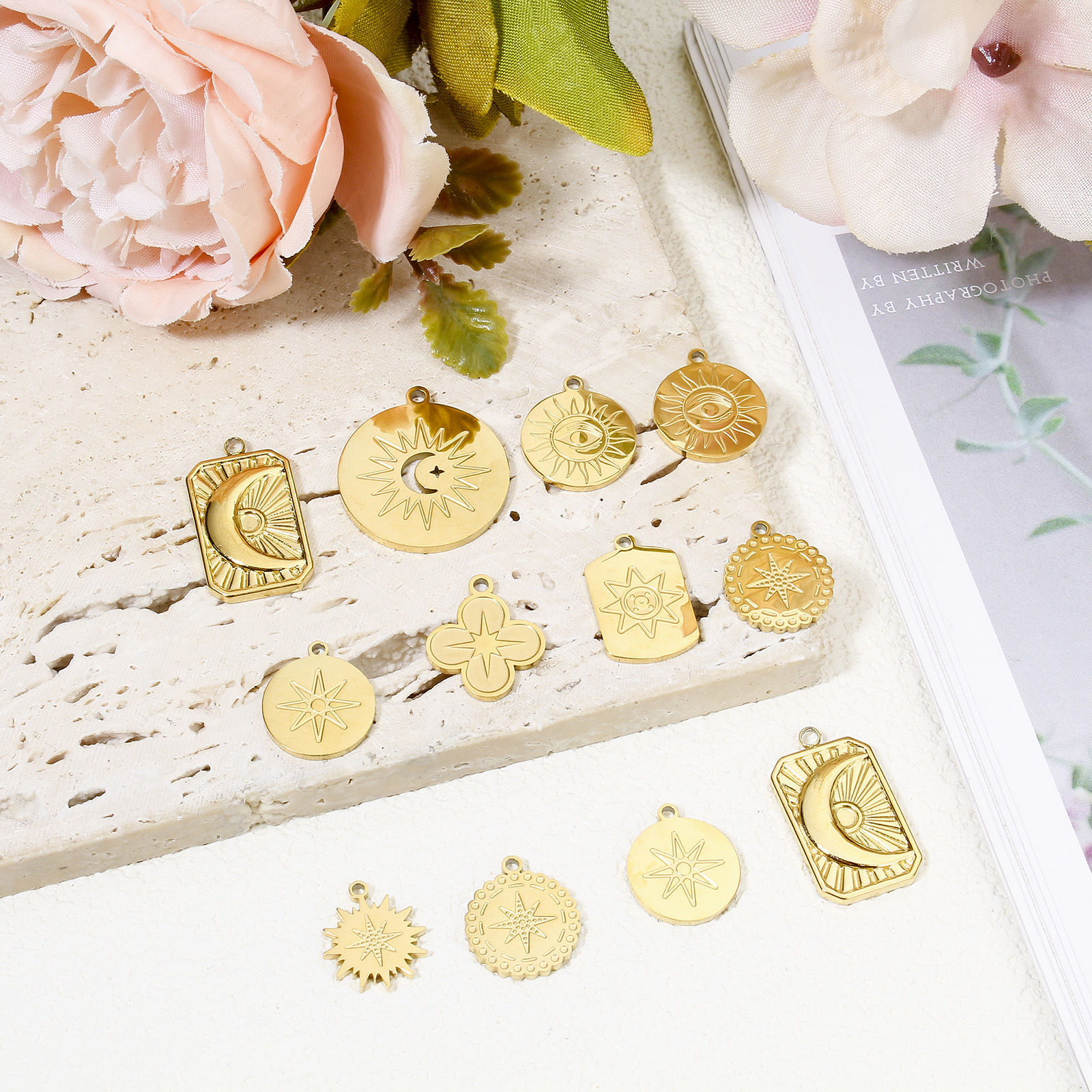 Picture of Eco-friendly Vacuum Plating 304 Stainless Steel Galaxy Charms 18K Real Gold Plated Star Sunshine