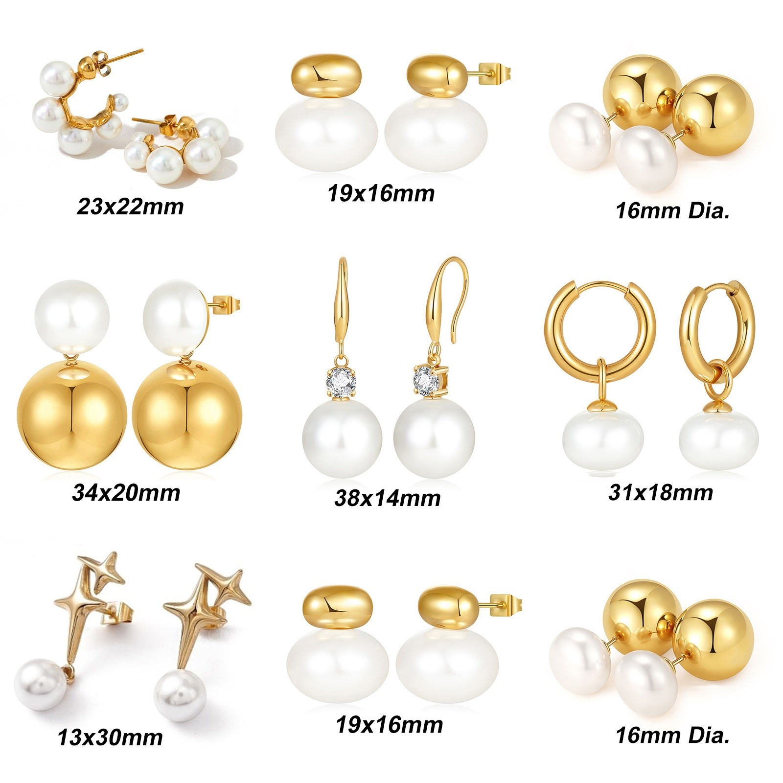 1 ペア エコフレンドリー 雅びやか エレガント 素敵 リアルゴールドメッキ 白 304ステンレス鋼 パール模造 イヤリング 女性のため プレゼント の画像