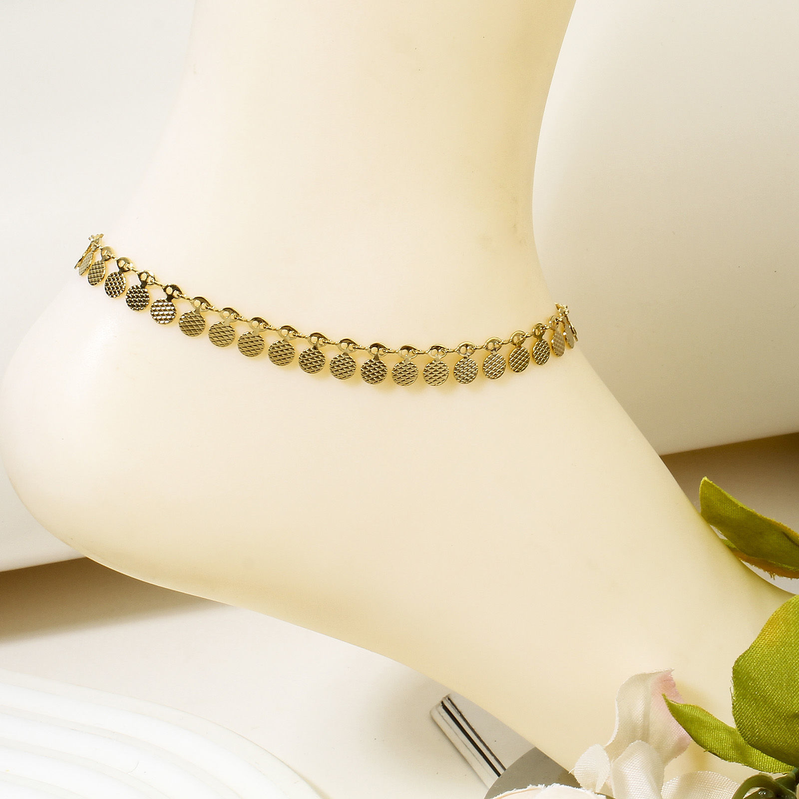 Picture of 304 Stainless Steel Handmade Link Chain Anklet Gold Plated With Lobster Claw Clasp And Extender Chain Geometric Heart 22.5cm(8 7/8") long