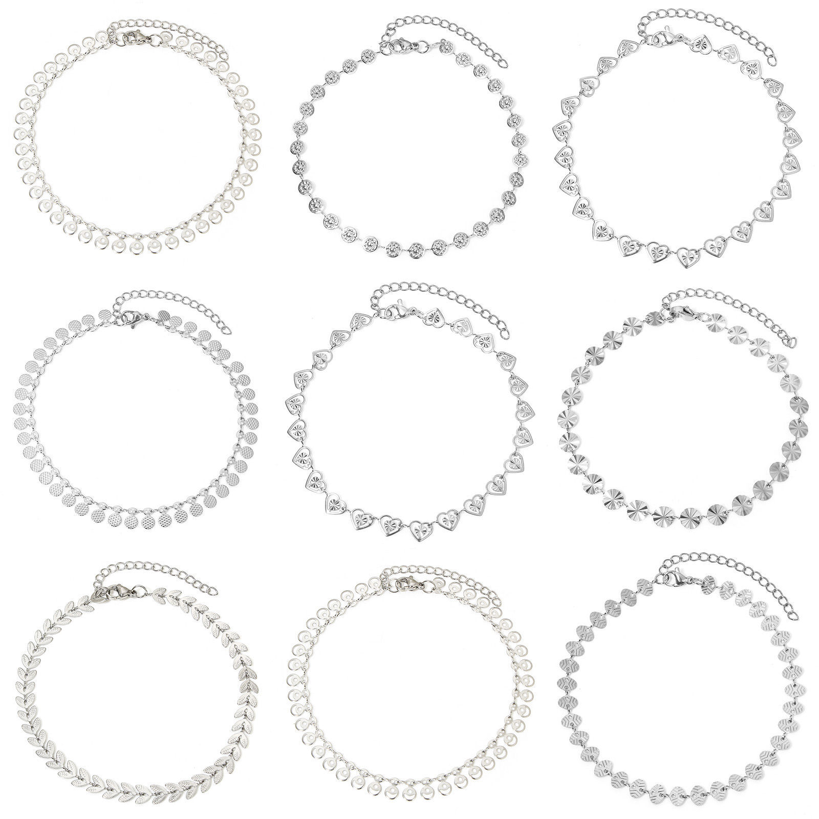 Picture of 304 Stainless Steel Handmade Link Chain Anklet Silver Tone With Lobster Claw Clasp And Extender Chain Heart 22.5cm(8 7/8") long
