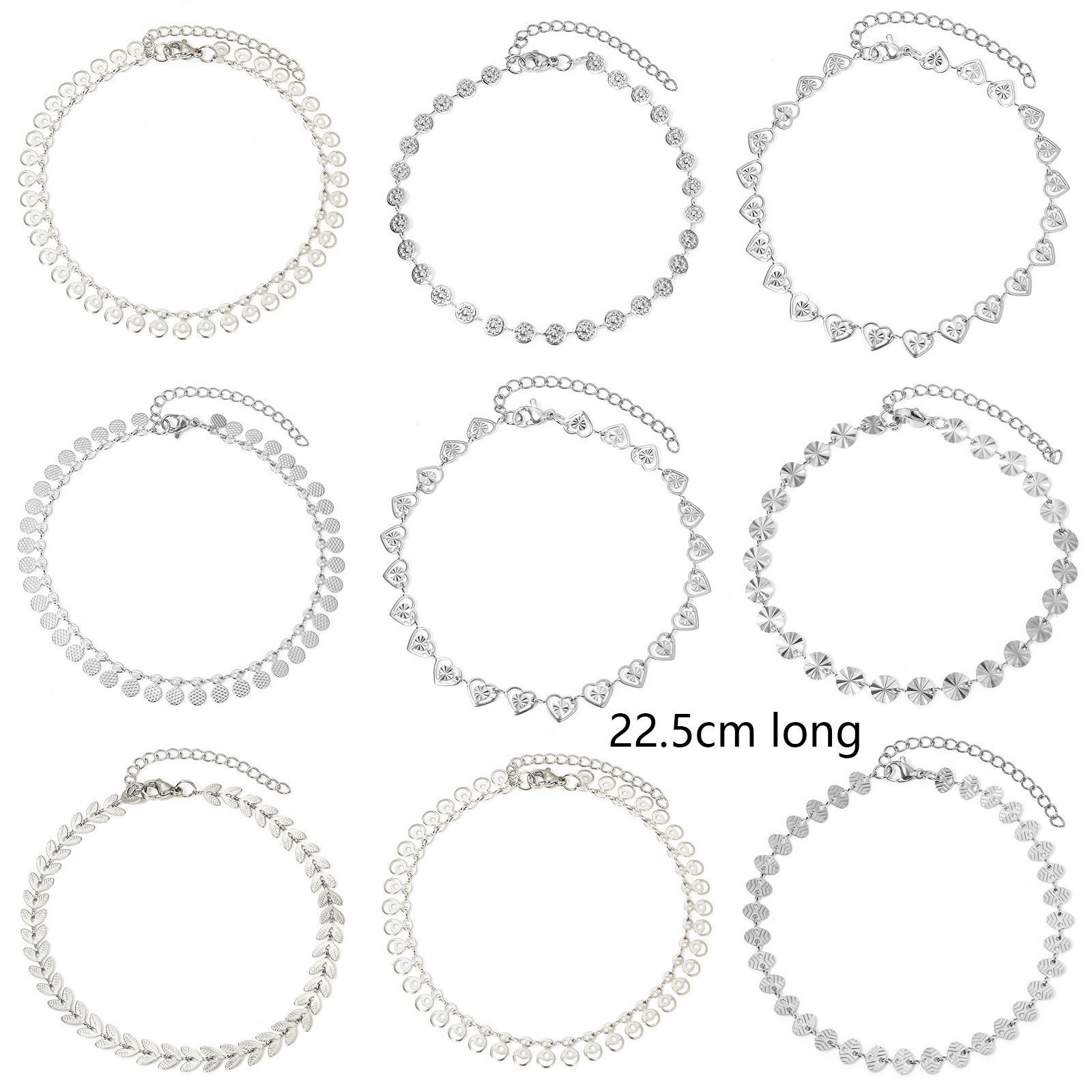 Picture of 304 Stainless Steel Handmade Link Chain Anklet Silver Tone With Lobster Claw Clasp And Extender Chain Heart 22.5cm(8 7/8") long