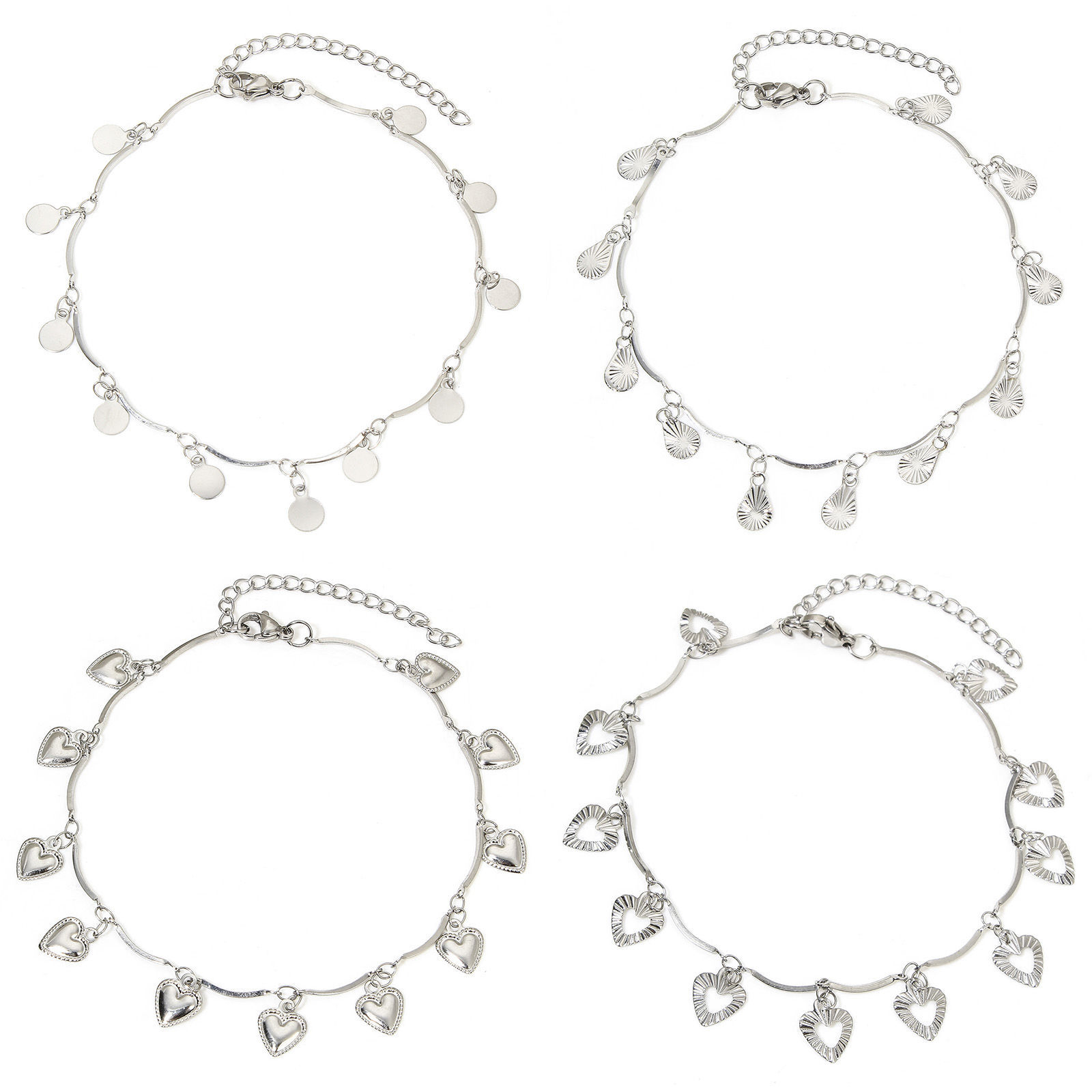 Picture of 304 Stainless Steel Handmade Link Chain Anklet Silver Tone With Lobster Claw Clasp And Extender Chain Heart 22cm(8 5/8") long