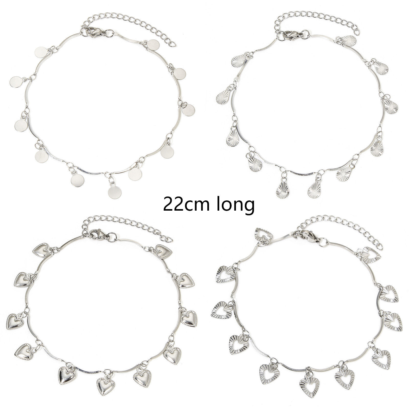 Picture of 304 Stainless Steel Handmade Link Chain Anklet Silver Tone With Lobster Claw Clasp And Extender Chain Heart 22cm(8 5/8") long