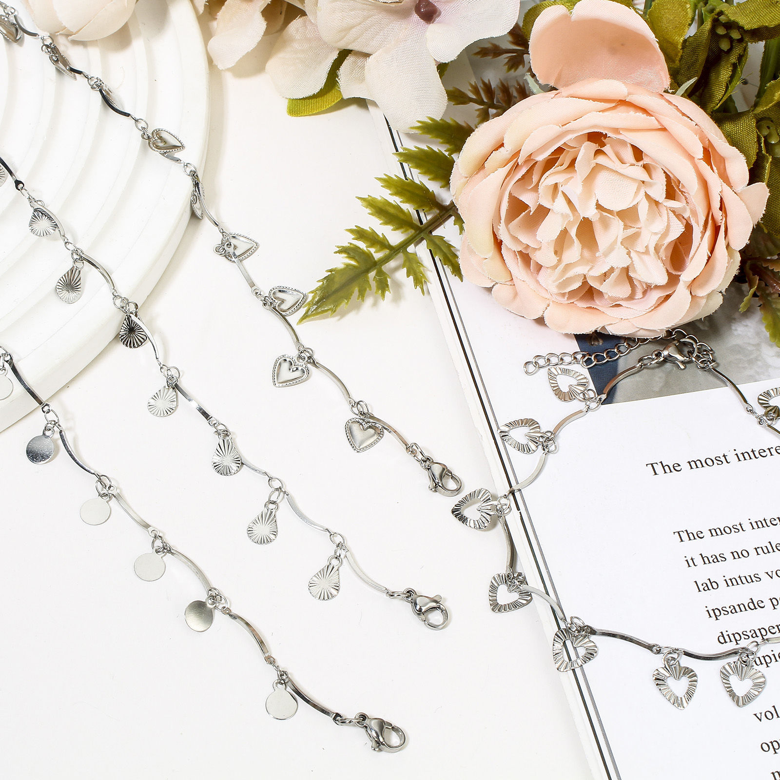 Picture of 304 Stainless Steel Handmade Link Chain Anklet Silver Tone With Lobster Claw Clasp And Extender Chain Heart 22cm(8 5/8") long