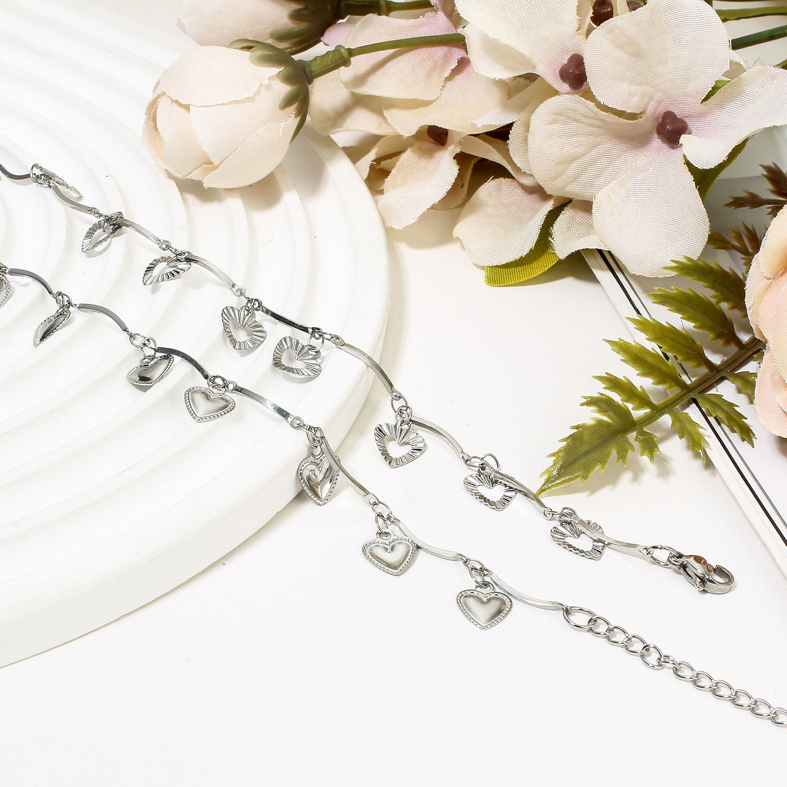 Picture of 304 Stainless Steel Handmade Link Chain Anklet Silver Tone With Lobster Claw Clasp And Extender Chain Heart 22cm(8 5/8") long