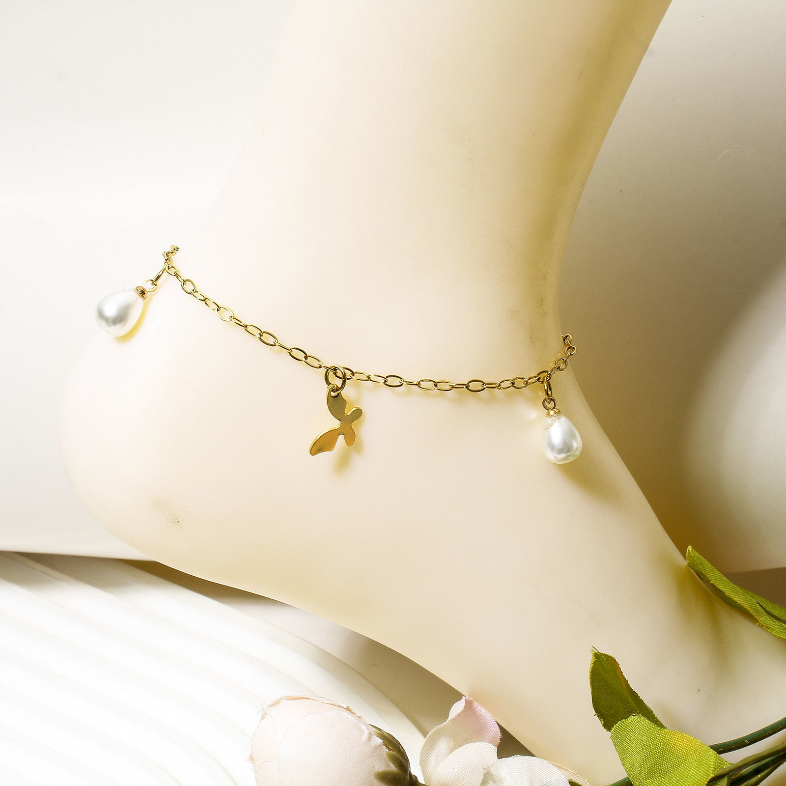Picture of 304 Stainless Steel Link Cable Chain Anklet Gold Plated With Lobster Claw Clasp And Extender Chain Butterfly Animal Musical Note 23cm(9") long