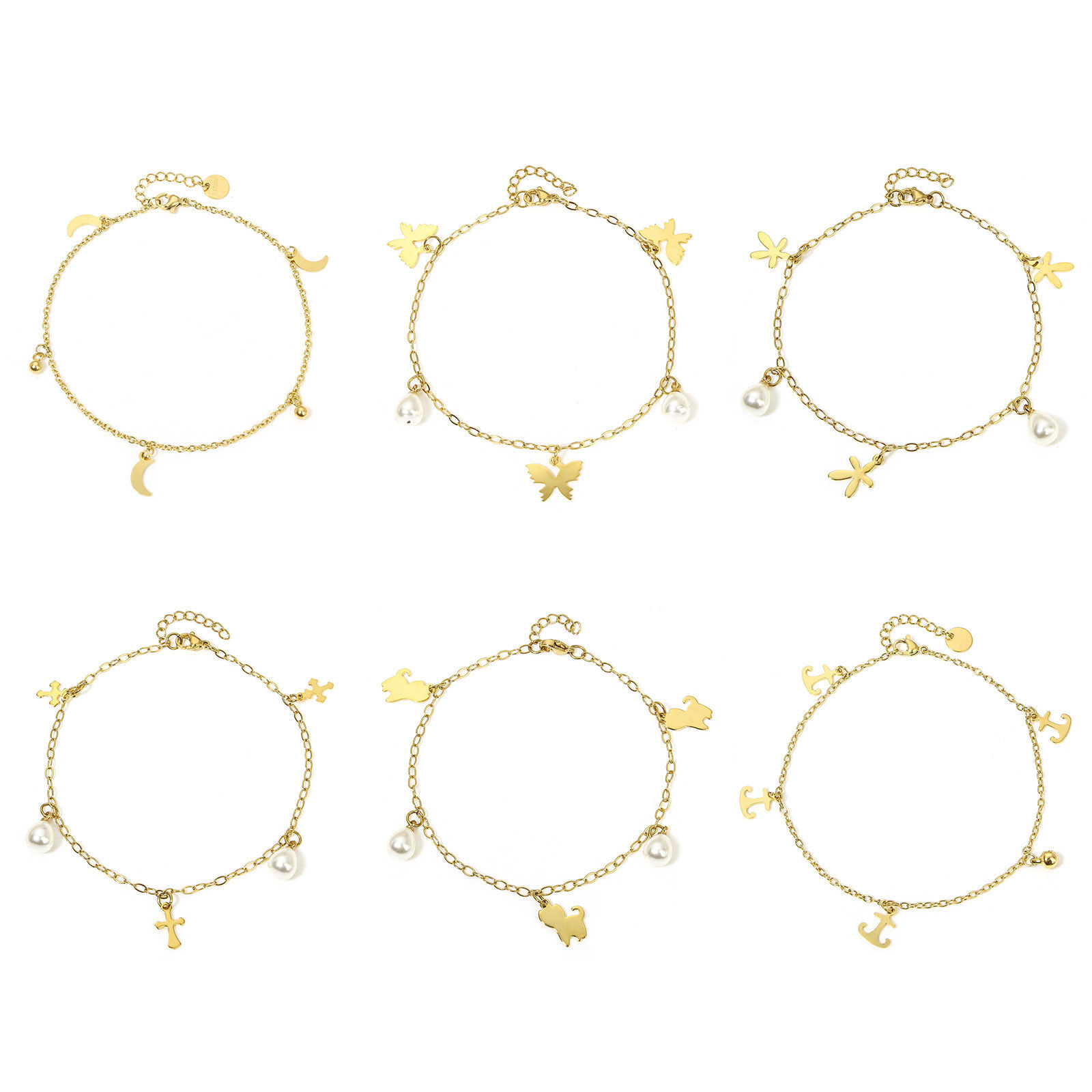 Picture of 304 Stainless Steel Link Cable Chain Anklet Gold Plated With Lobster Claw Clasp And Extender Chain Half Moon Cross