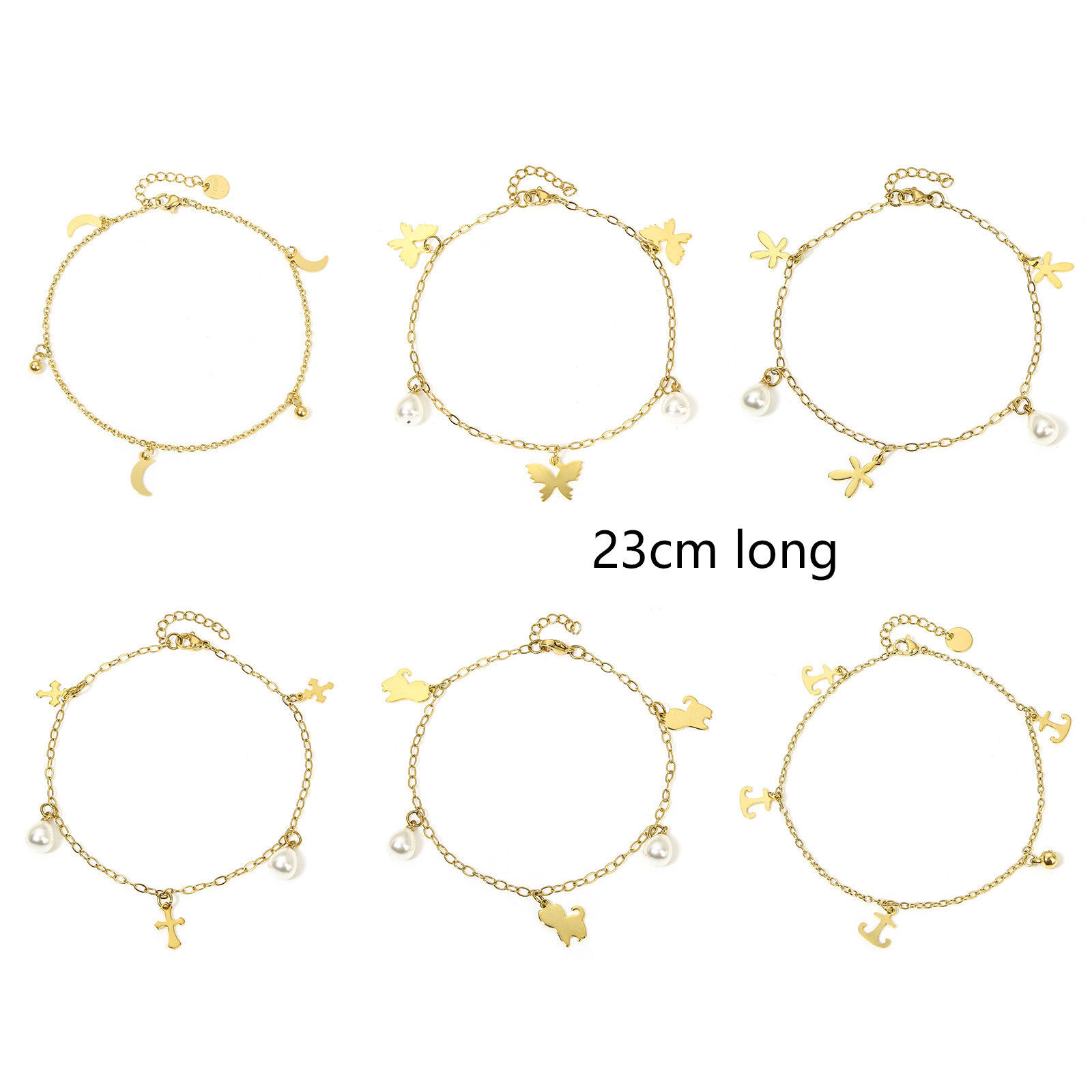 Picture of 304 Stainless Steel Link Cable Chain Anklet Gold Plated With Lobster Claw Clasp And Extender Chain Half Moon Cross