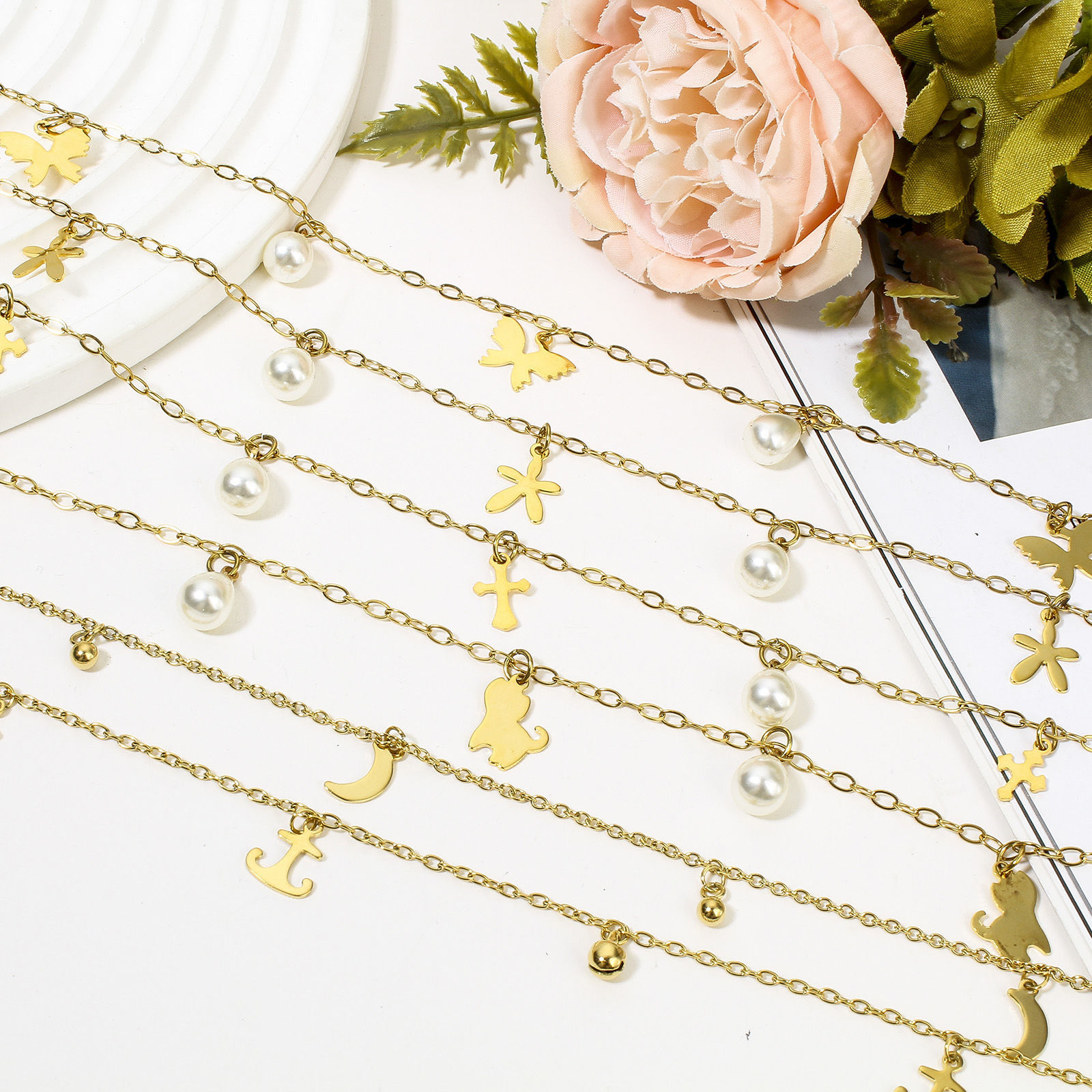 Picture of 304 Stainless Steel Link Cable Chain Anklet Gold Plated With Lobster Claw Clasp And Extender Chain Half Moon Cross
