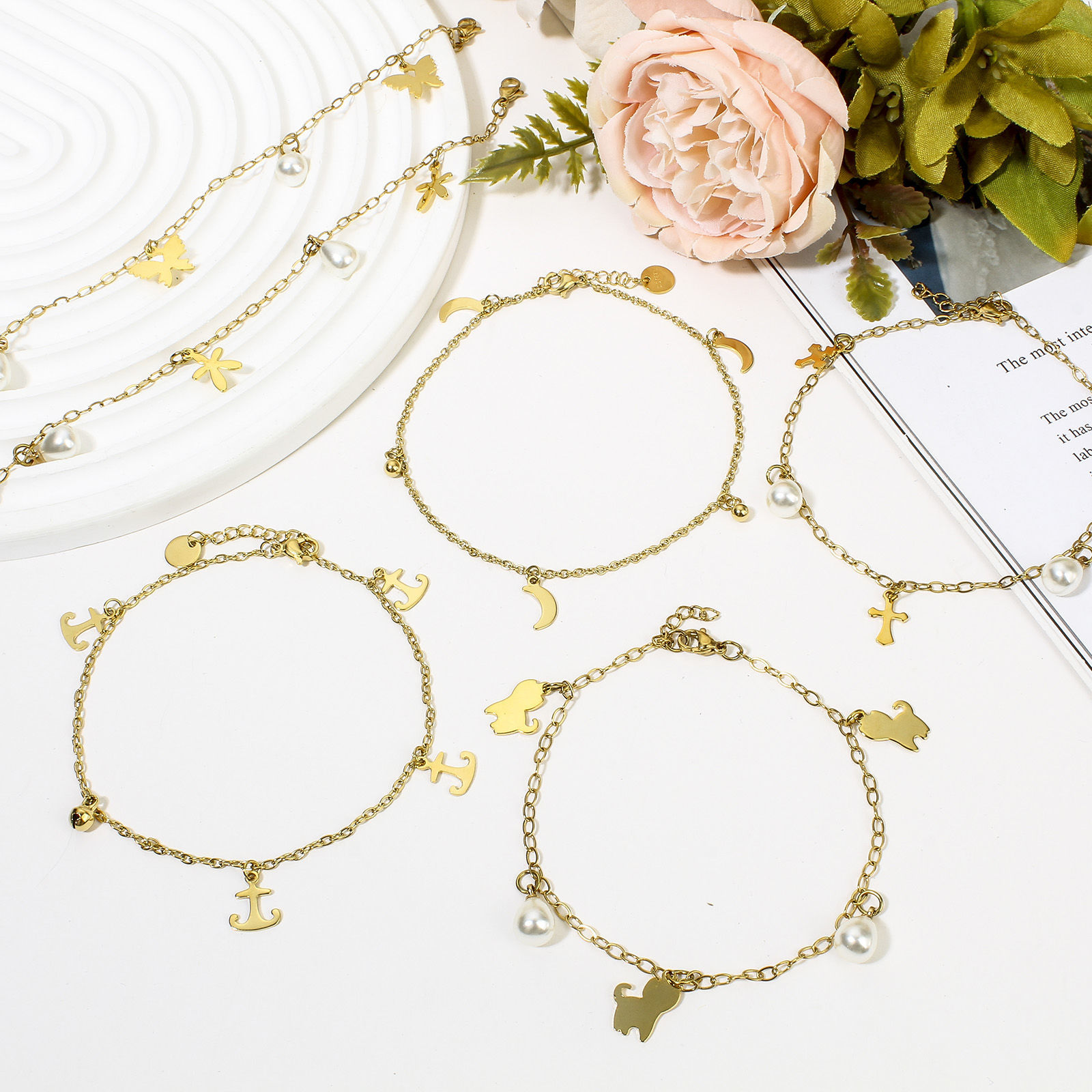 Picture of 304 Stainless Steel Link Cable Chain Anklet Gold Plated With Lobster Claw Clasp And Extender Chain Half Moon Cross