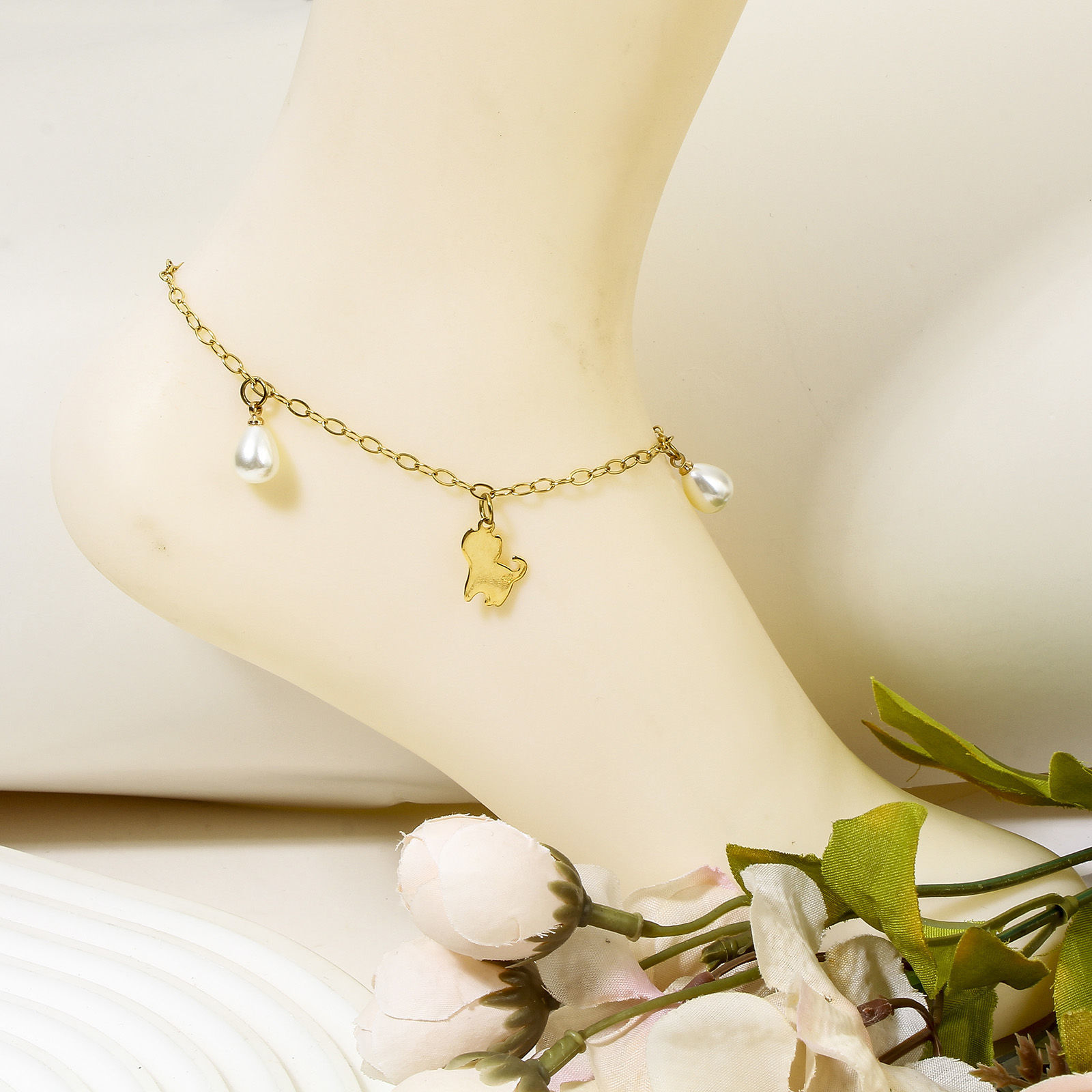 Picture of 304 Stainless Steel Link Cable Chain Anklet Gold Plated With Lobster Claw Clasp And Extender Chain Half Moon Cross