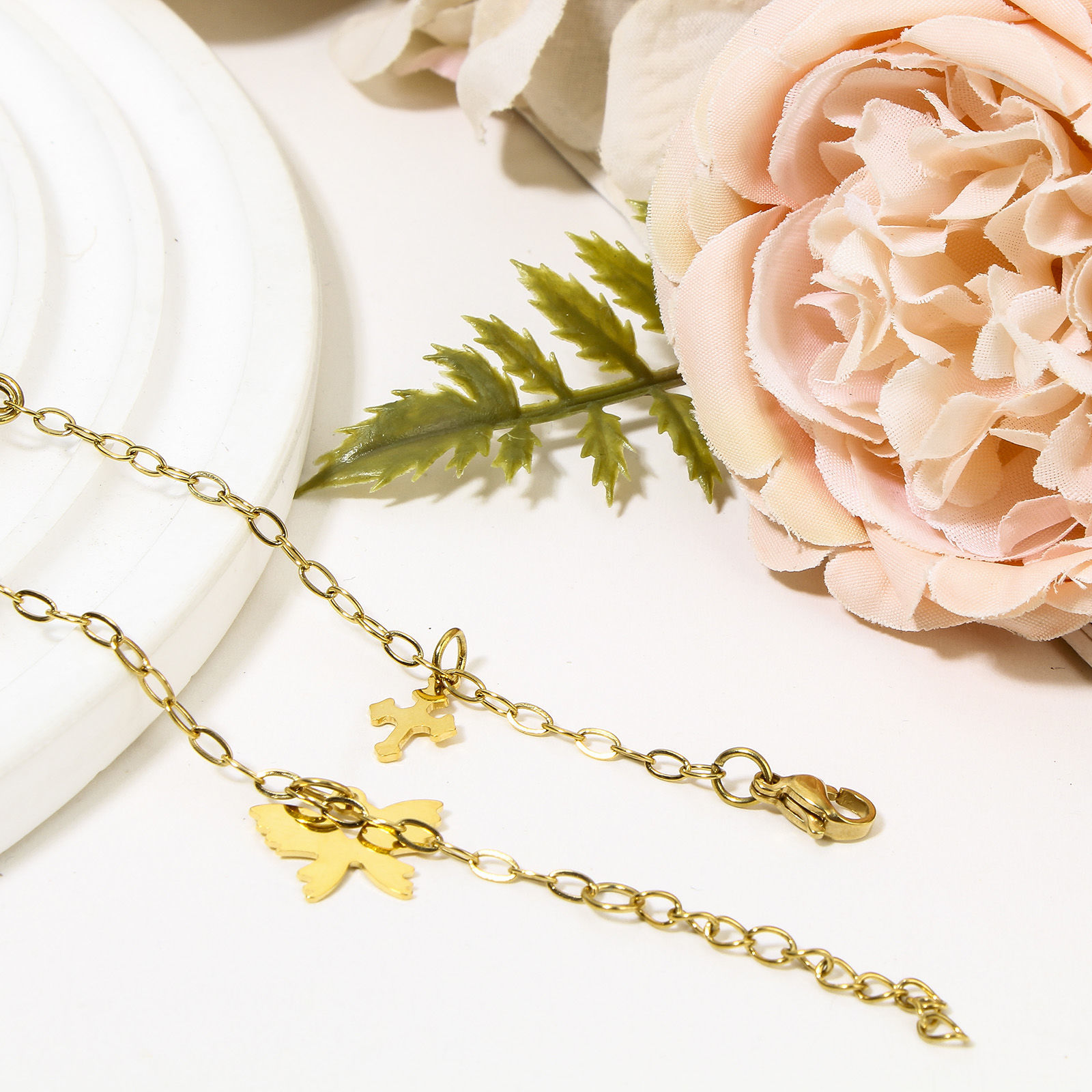 Picture of 304 Stainless Steel Link Cable Chain Anklet Gold Plated With Lobster Claw Clasp And Extender Chain Half Moon Cross