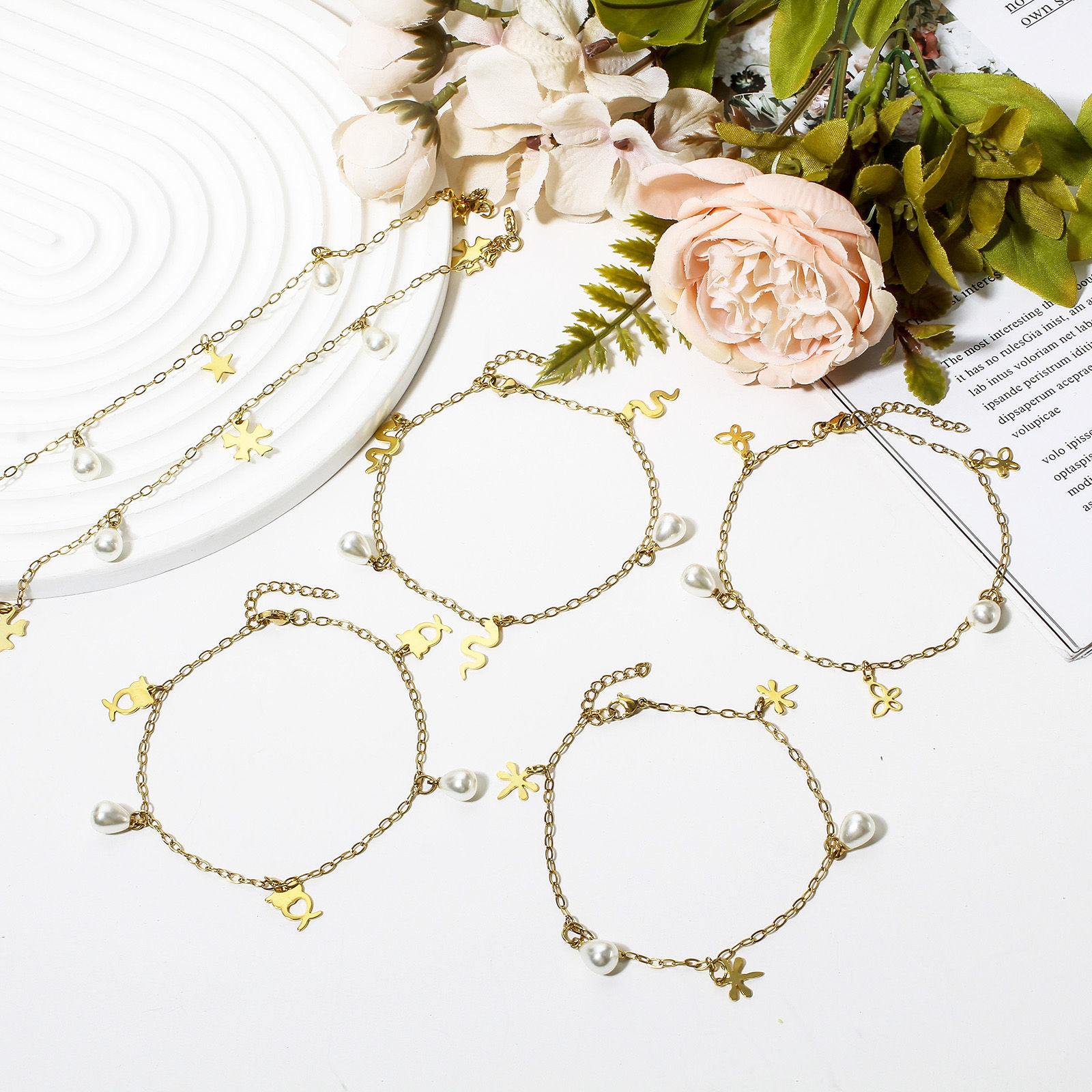 Picture of 304 Stainless Steel Link Cable Chain Anklet Gold Plated With Lobster Claw Clasp And Extender Chain Owl Animal Dragonfly 23cm(9") long