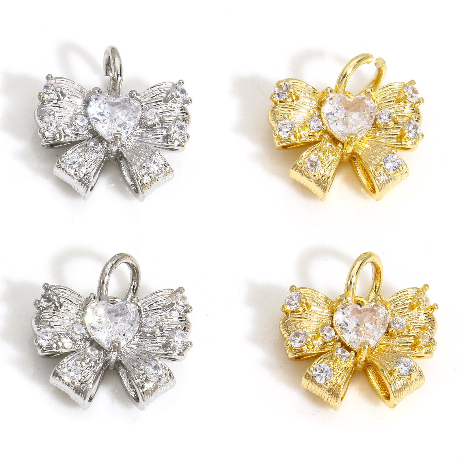Picture of Eco-friendly Brass Clothes Charms Real Gold Plated Bowknot Micro Pave Clear Cubic Zirconia 13mm x 12mm