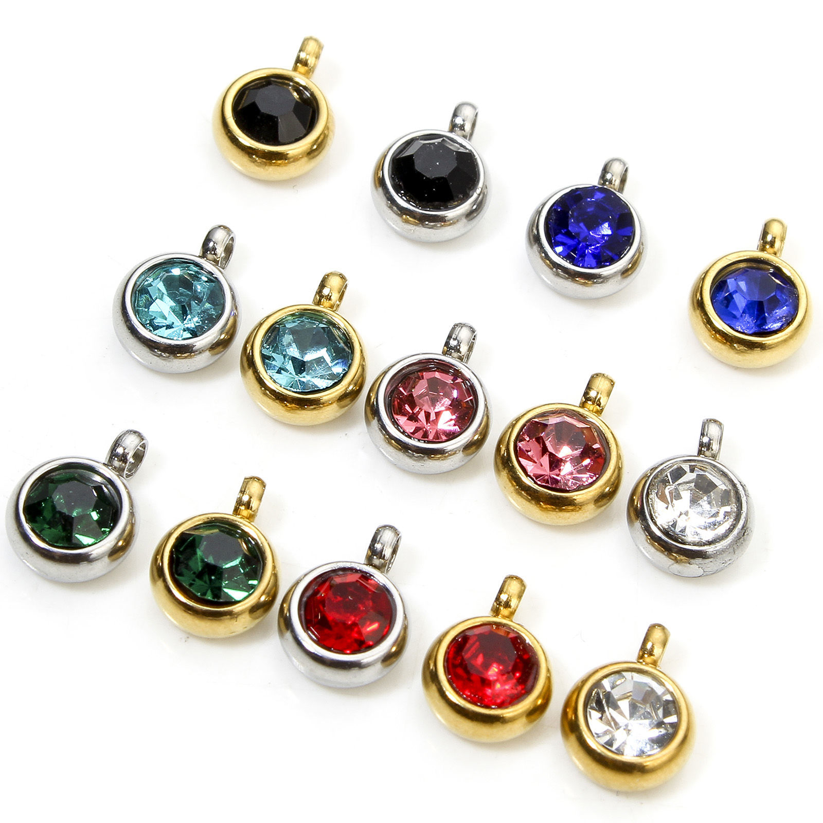 Picture of Eco-friendly 304 Stainless Steel Birthstone Charms Round Multicolor Rhinestone