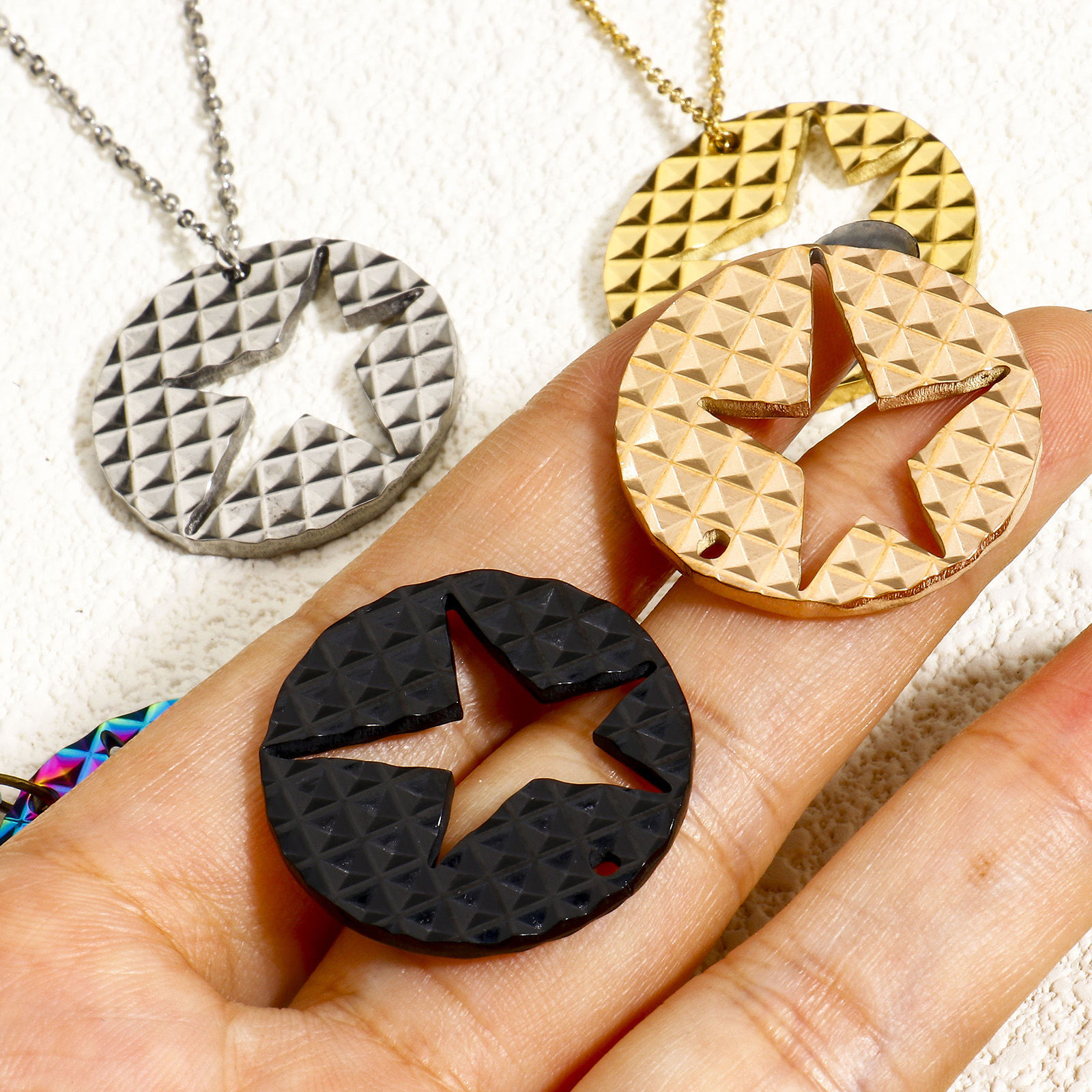 Picture of Vacuum Plating 304 Stainless Steel Galaxy Charms Round Pentagram Star Hollow 27mm Dia.