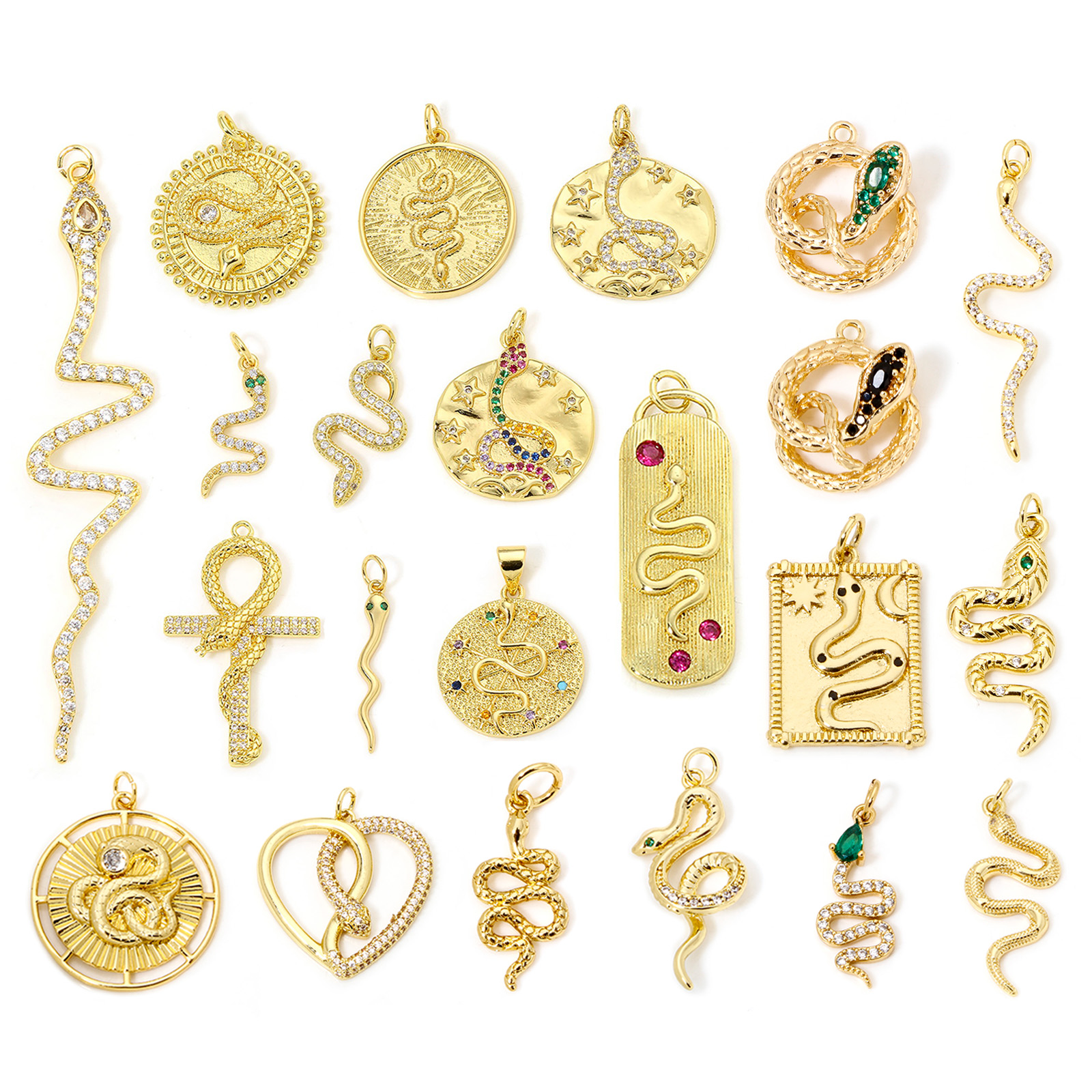Picture of Eco-friendly Brass Pendants 18K Real Gold Plated Snake Animal Micro Pave Clear Cubic Zirconia