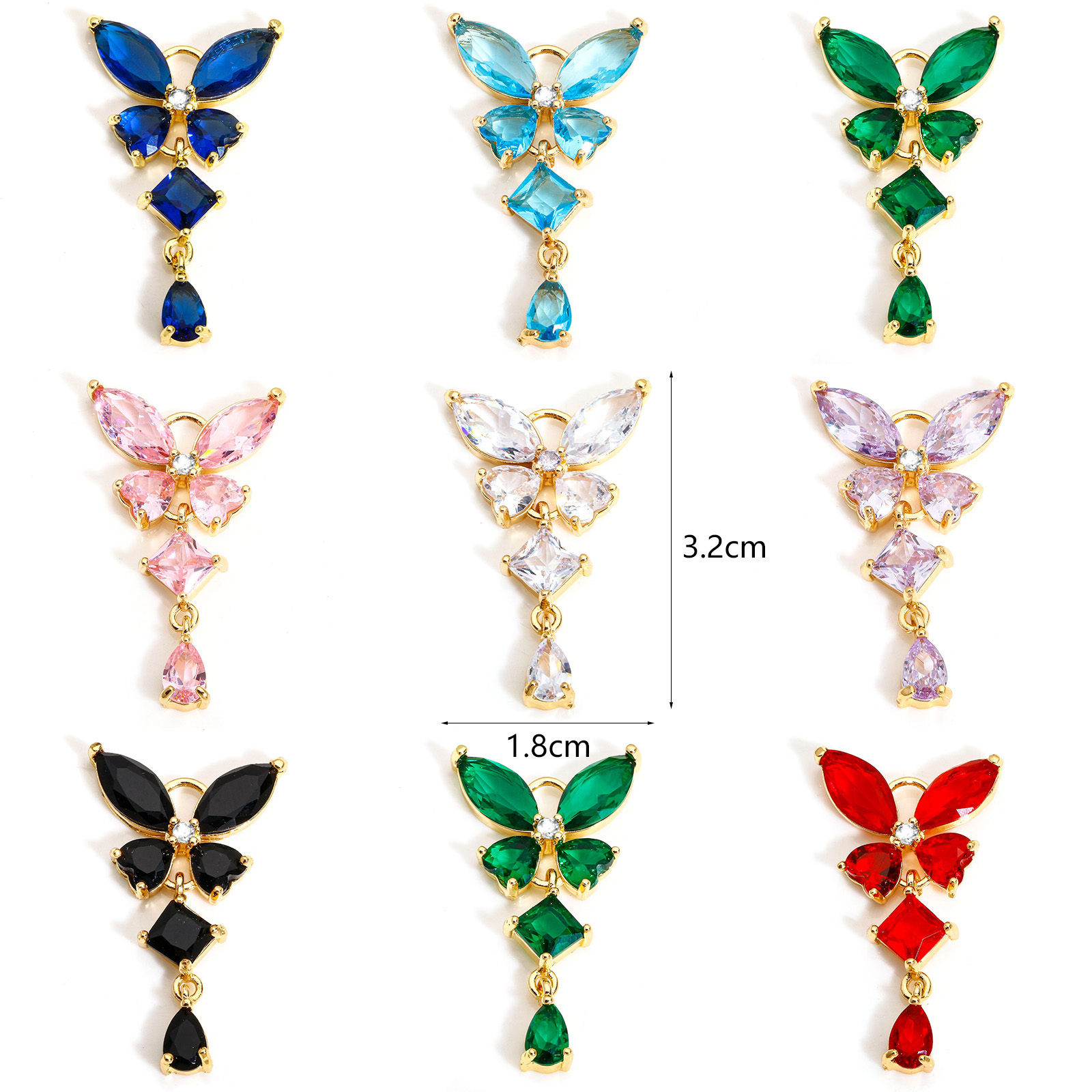 Image de 1 Pièce Breloques Insecte en Laiton & Verre Plaqué Or 18K Papillon Franges à Strass Coloré 3.2cm x 1.8cm