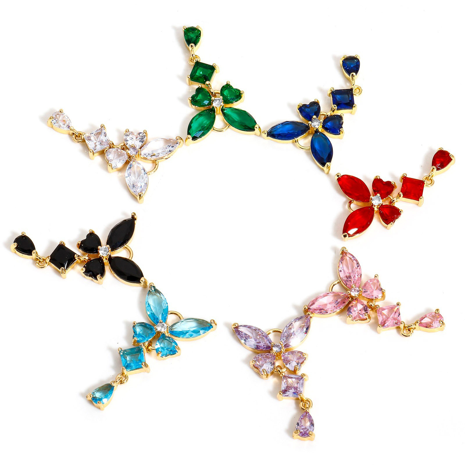 Image de 1 Pièce Breloques Insecte en Laiton & Verre Plaqué Or 18K Papillon Franges à Strass Coloré 3.2cm x 1.8cm