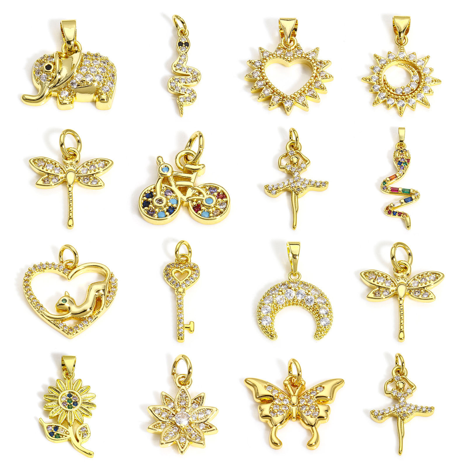Picture of 2 PCs Brass Charms Real Gold Plated Animal Sun Micro Pave Clear Cubic Zirconia