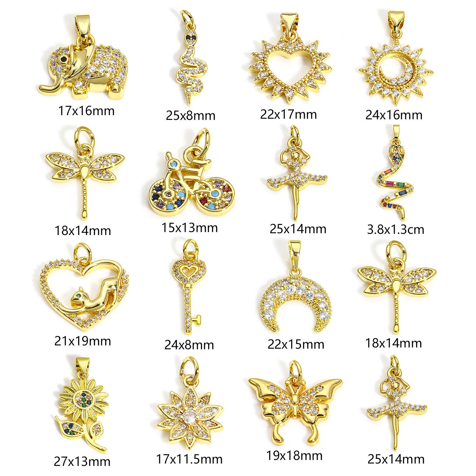 Picture of 2 PCs Brass Charms Real Gold Plated Animal Sun Micro Pave Clear Cubic Zirconia