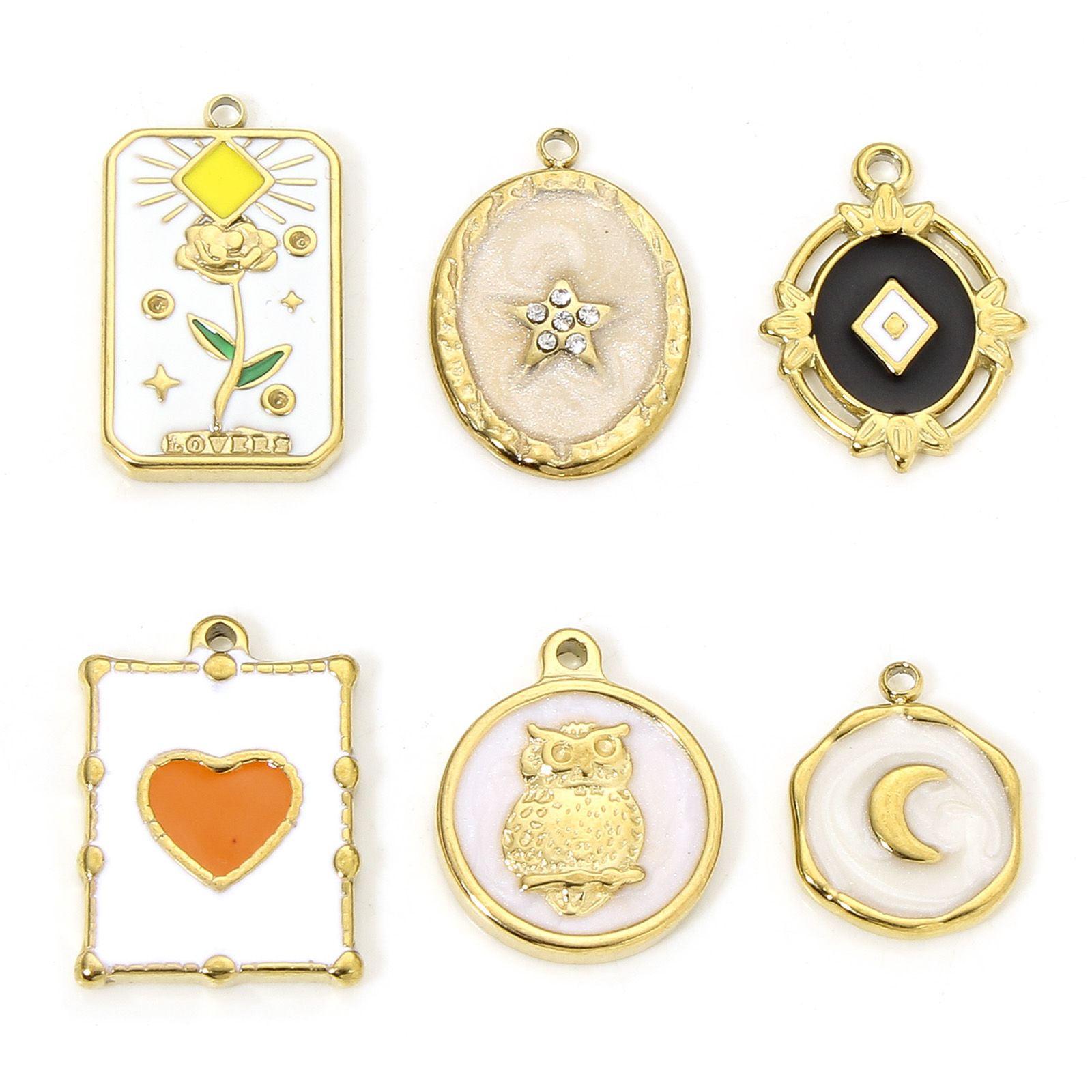 Picture of Eco-friendly Vacuum Plating 304 Stainless Steel Stylish Charms Gold Plated Multicolor Oval Rhombus Enamel