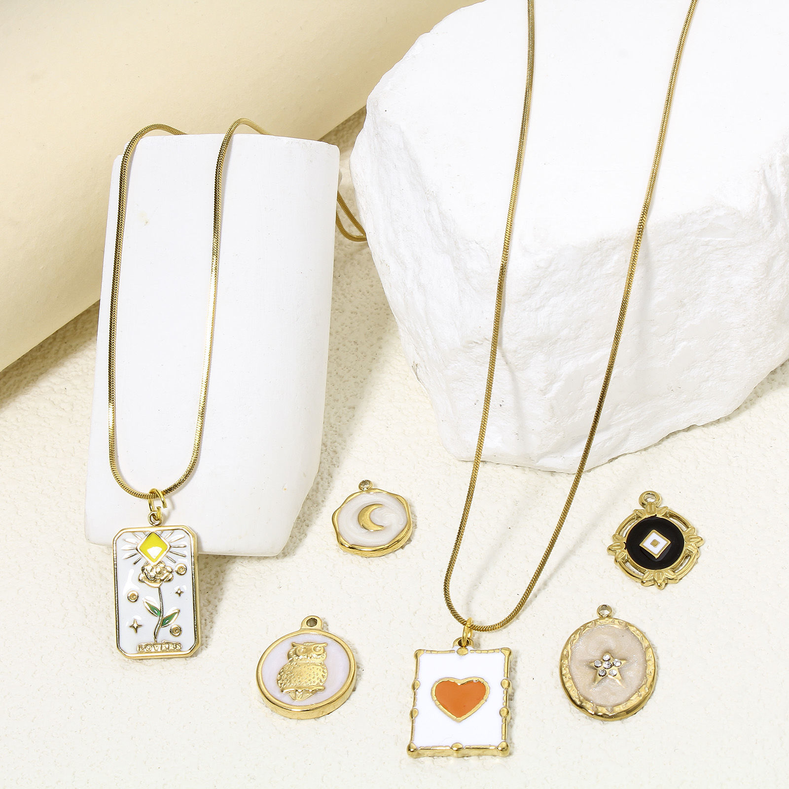 Picture of Eco-friendly Vacuum Plating 304 Stainless Steel Stylish Charms Gold Plated Multicolor Oval Rhombus Enamel