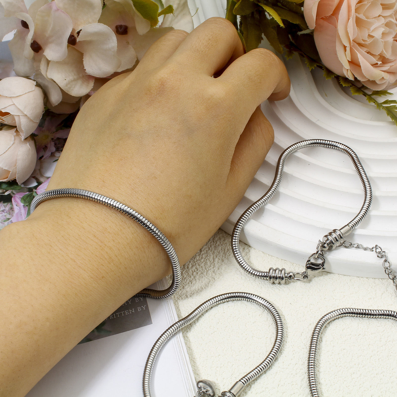 Picture of 304 Stainless Steel European Style Snake Chain Bracelets Silver Tone With Lobster Claw Clasp And Extender Chain
