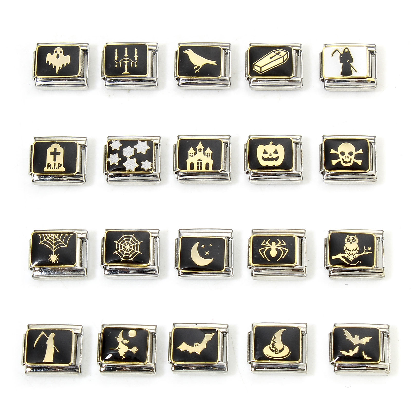 Picture of 304 Stainless Steel Halloween Italian Charm Links For DIY Bracelet Jewelry Making Silver Tone Black Halloween Enamel 10mm x 9mm