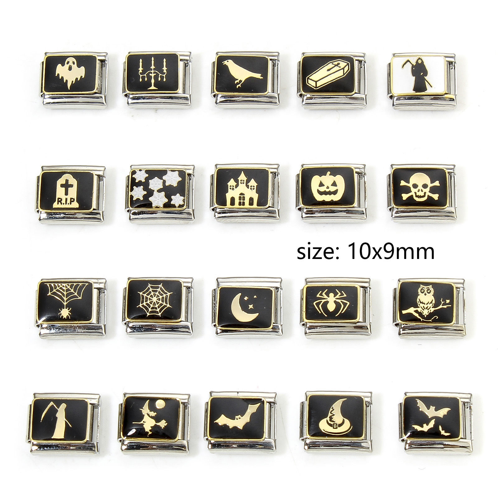 Picture of 304 Stainless Steel Halloween Italian Charm Links For DIY Bracelet Jewelry Making Silver Tone Black Halloween Enamel 10mm x 9mm
