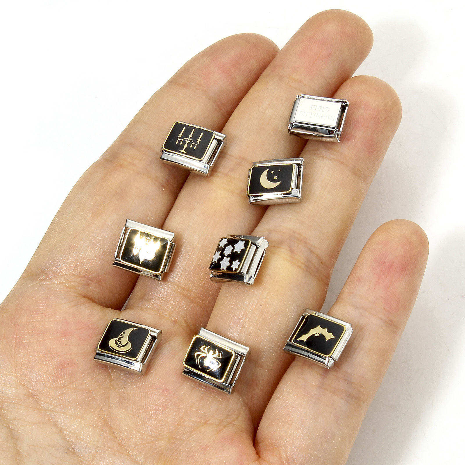 Picture of 304 Stainless Steel Halloween Italian Charm Links For DIY Bracelet Jewelry Making Silver Tone Black Halloween Enamel 10mm x 9mm