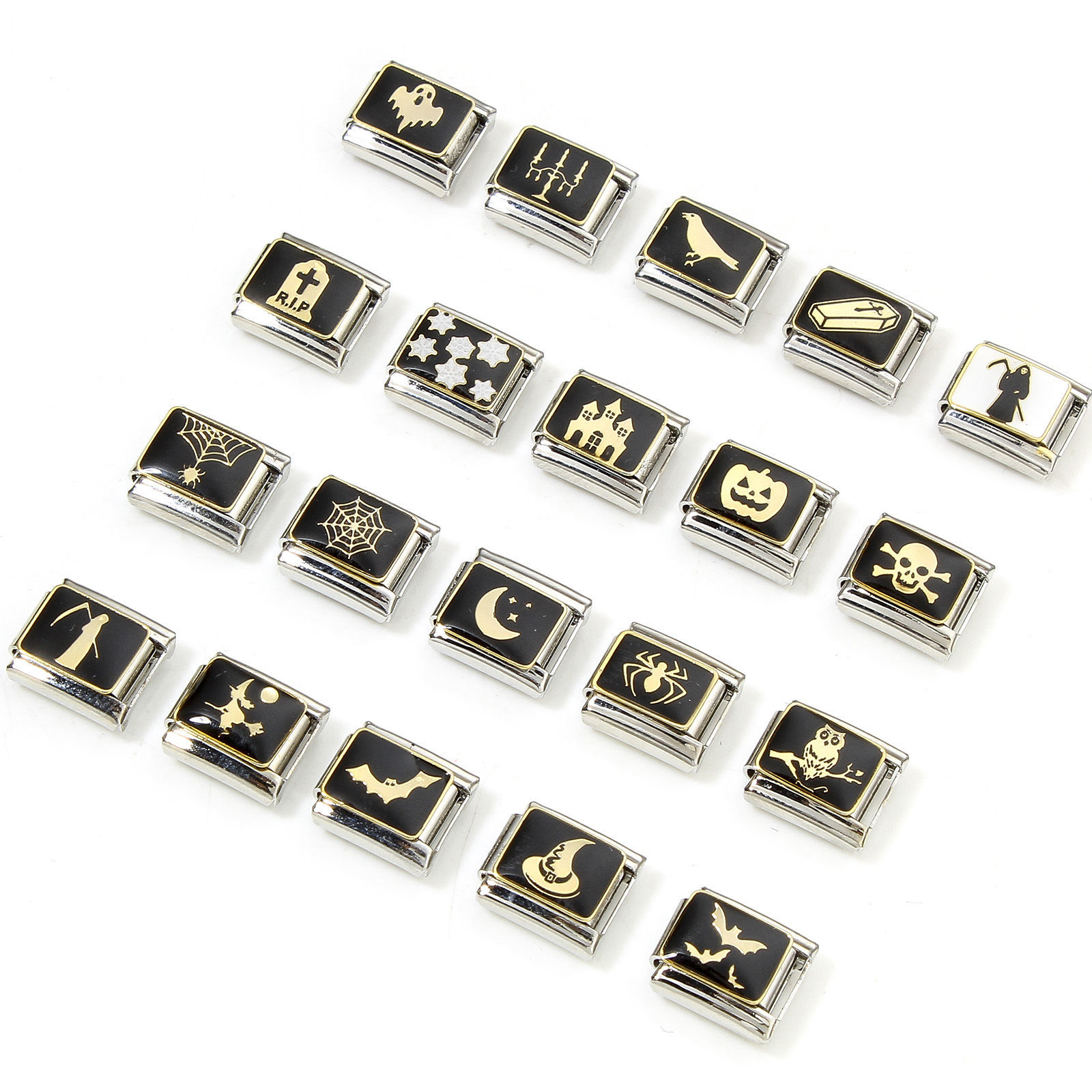 Picture of 304 Stainless Steel Halloween Italian Charm Links For DIY Bracelet Jewelry Making Silver Tone Black Halloween Enamel 10mm x 9mm