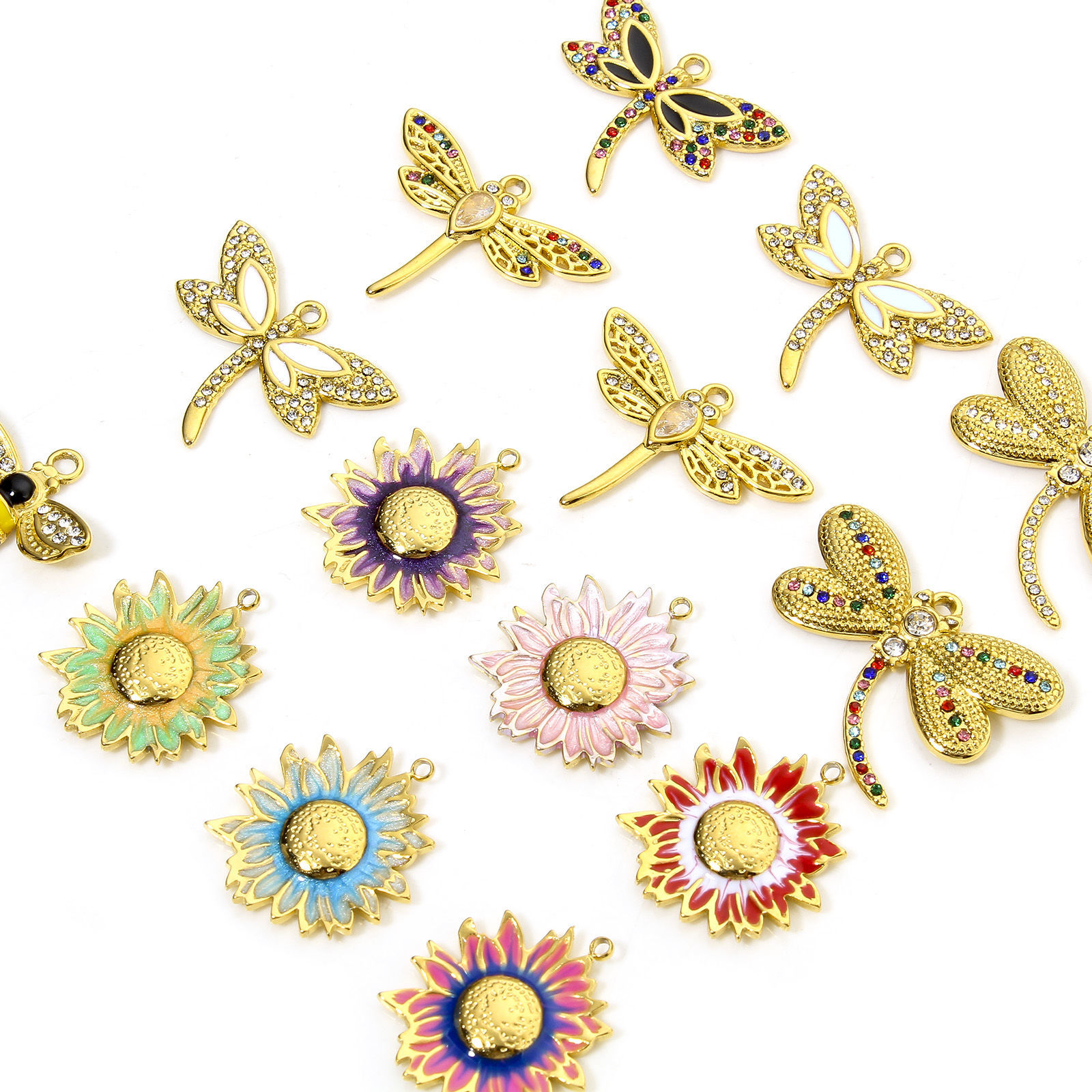 Image de 1 Pièce Breloques en 304 Acier Inoxydable Respectueux de la Nature Style Pastoral Abeille Doré Multicolore Fleurs de Soleil Émail à Strass Transparent