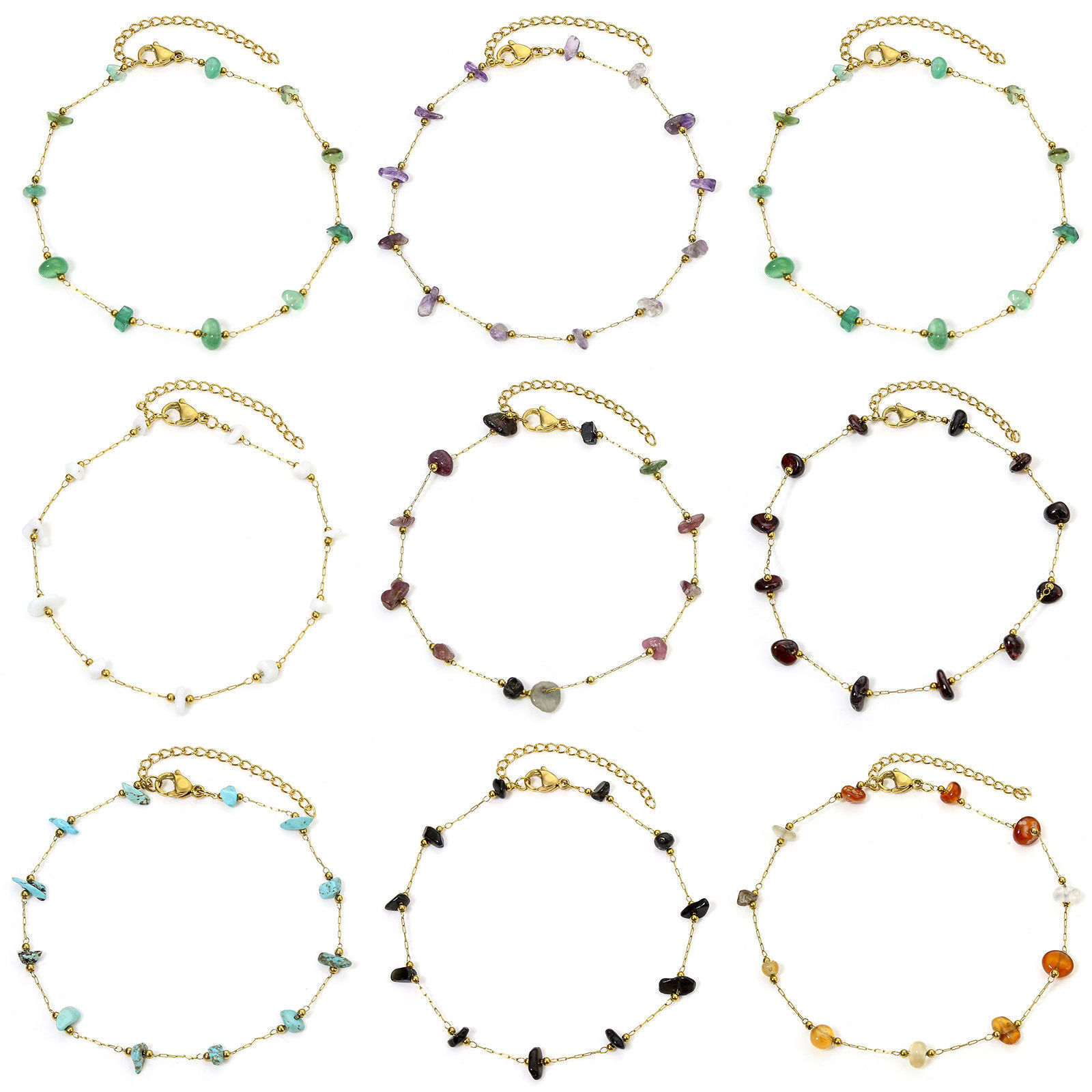Picture of Vacuum Plating 304 Stainless Steel & Gemstone Link Cable Chain Anklet 18K Gold Plated