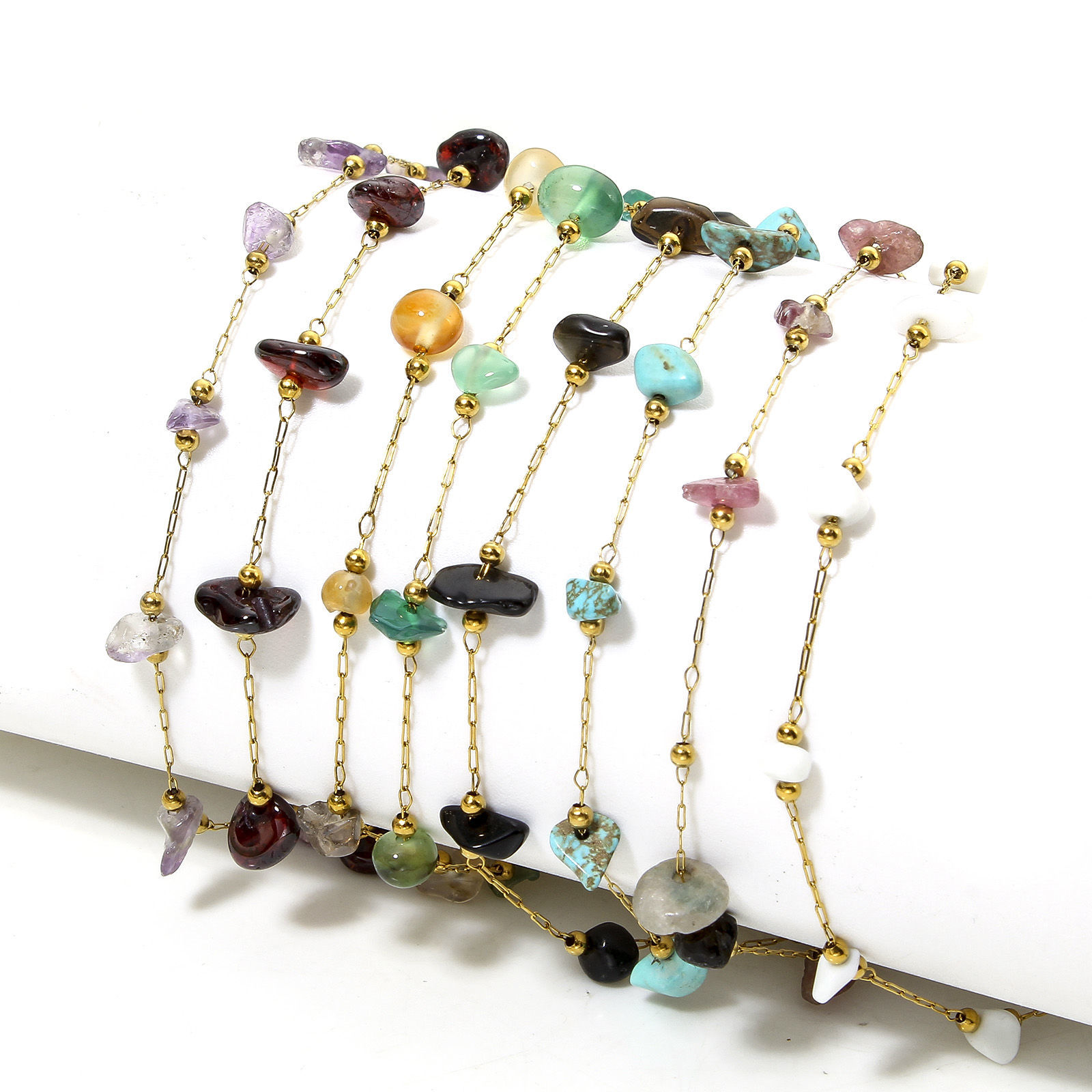 Picture of Vacuum Plating 304 Stainless Steel & Gemstone Link Cable Chain Anklet 18K Gold Plated