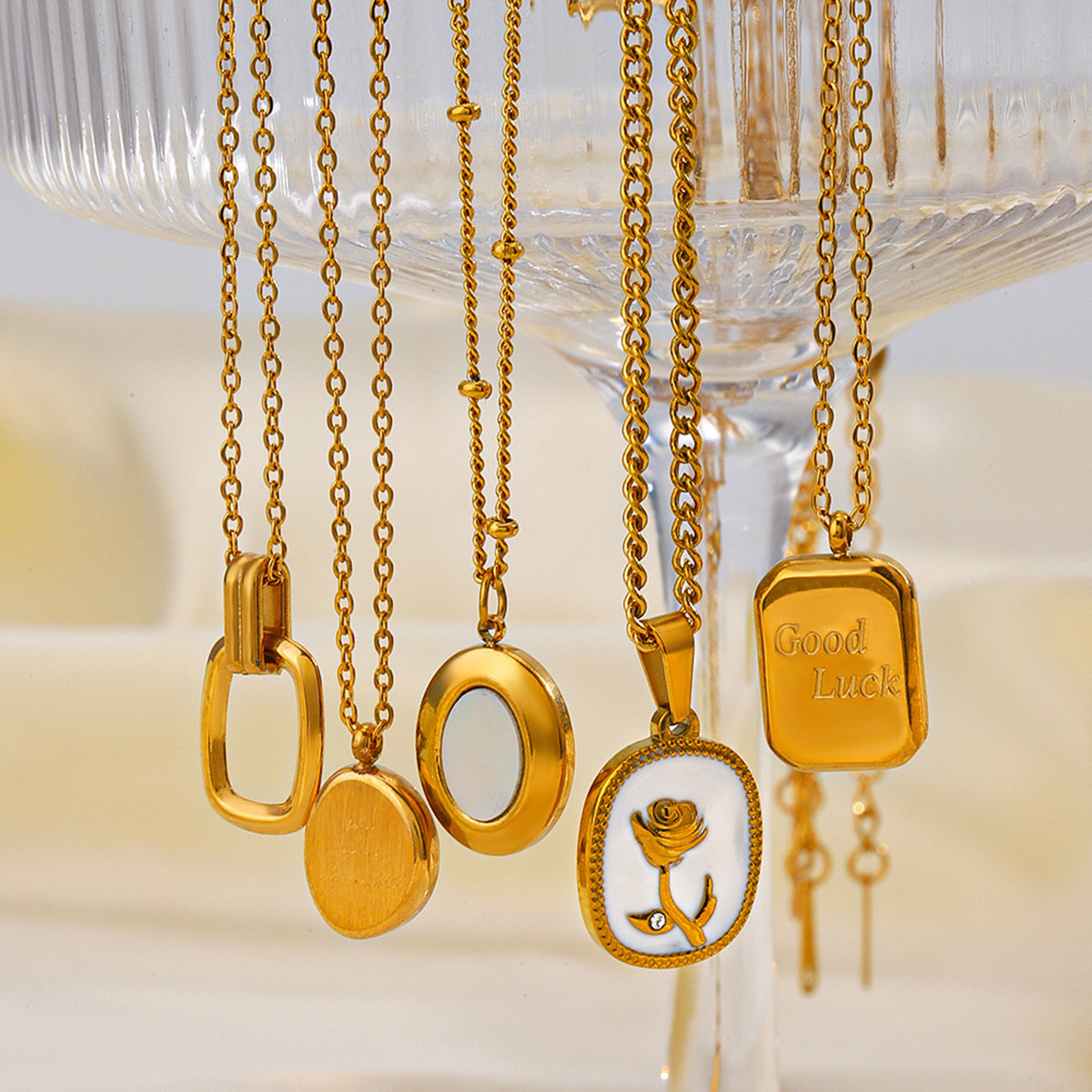 Picture of Eco-friendly Vacuum Plating Simple & Casual Stylish 18K Gold Plated 304 Stainless Steel Rolo Chain Rectangle Message " GOOD LUCK " Pendant Necklace For Women