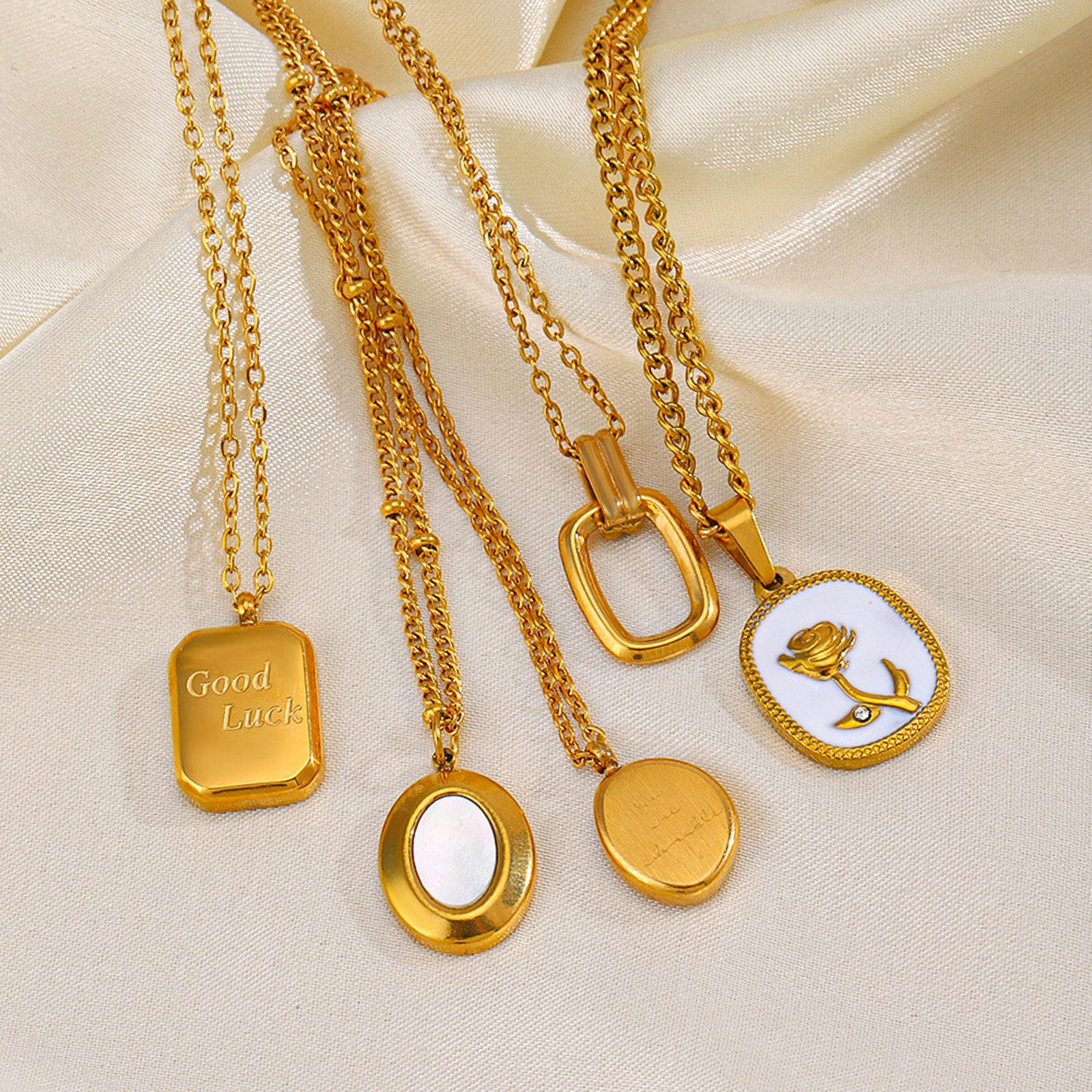 Picture of Eco-friendly Vacuum Plating Simple & Casual Stylish 18K Gold Plated 304 Stainless Steel Rolo Chain Rectangle Message " GOOD LUCK " Pendant Necklace For Women