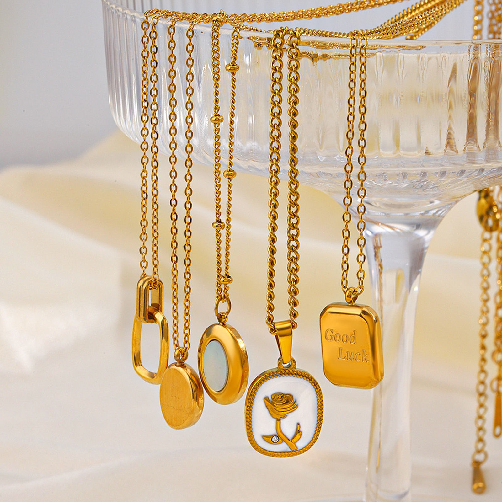 Picture of Eco-friendly Vacuum Plating Simple & Casual Stylish 18K Gold Plated 304 Stainless Steel Rolo Chain Rectangle Message " GOOD LUCK " Pendant Necklace For Women