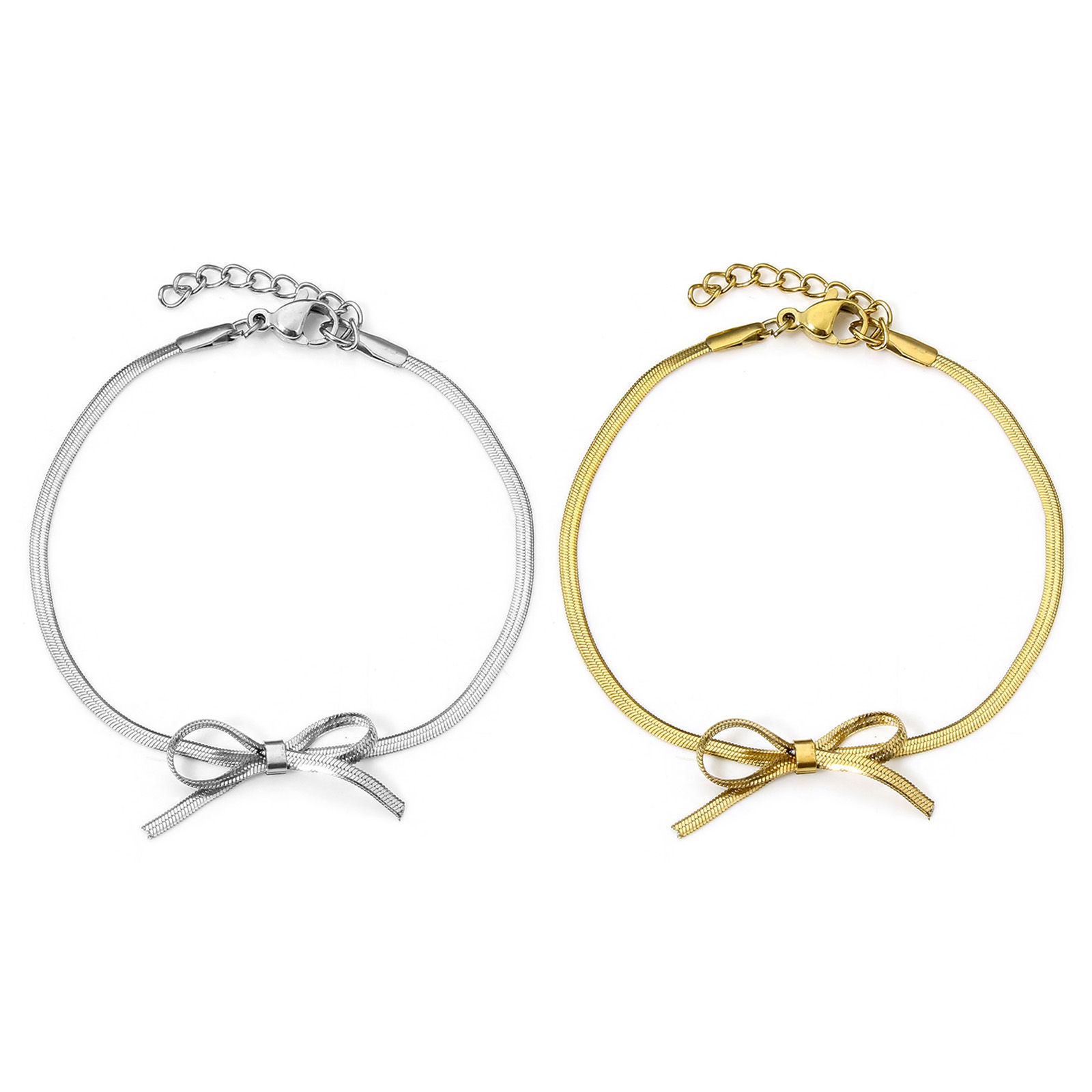 Picture of Vacuum Plating 304 Stainless Steel Flat Snake Chain Bracelets Bowknot With Lobster Claw Clasp And Extender Chain 16cm(6 2/8") long