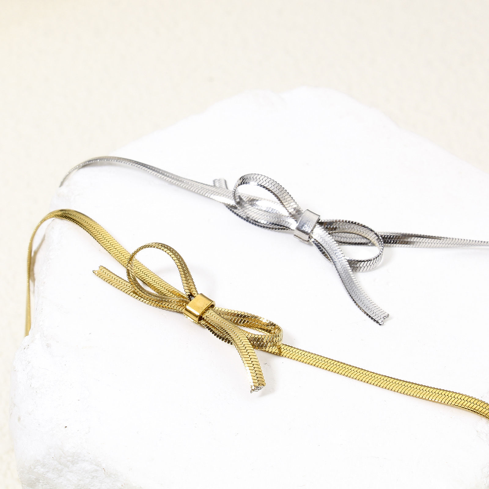 Picture of Vacuum Plating 304 Stainless Steel Flat Snake Chain Bracelets Bowknot With Lobster Claw Clasp And Extender Chain 16cm(6 2/8") long