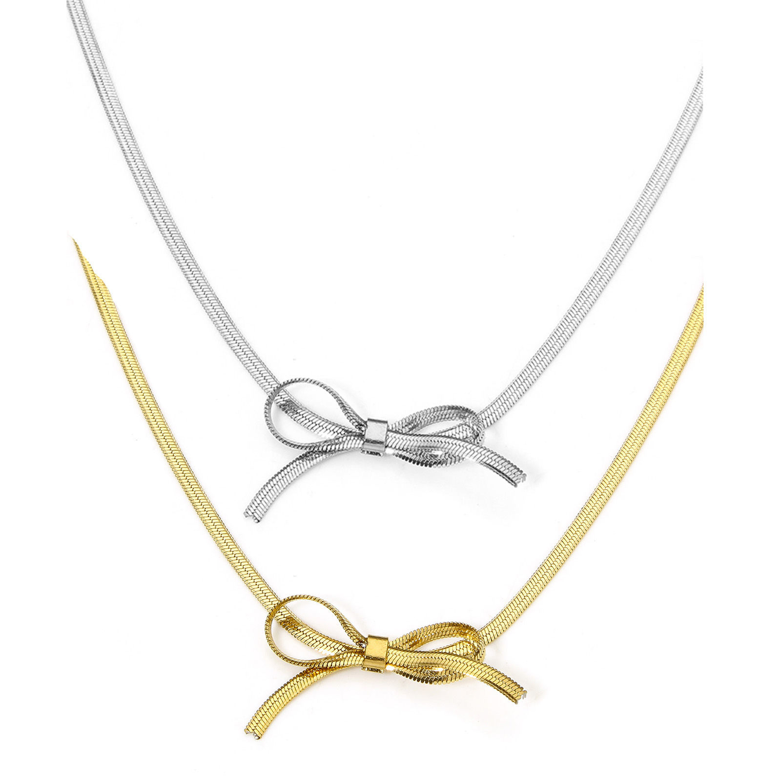 Picture of 304 Stainless Steel Flat Snake Chain Necklace Bowknot With Lobster Claw Clasp And Extender Chain 32.5cm(12 6/8") long