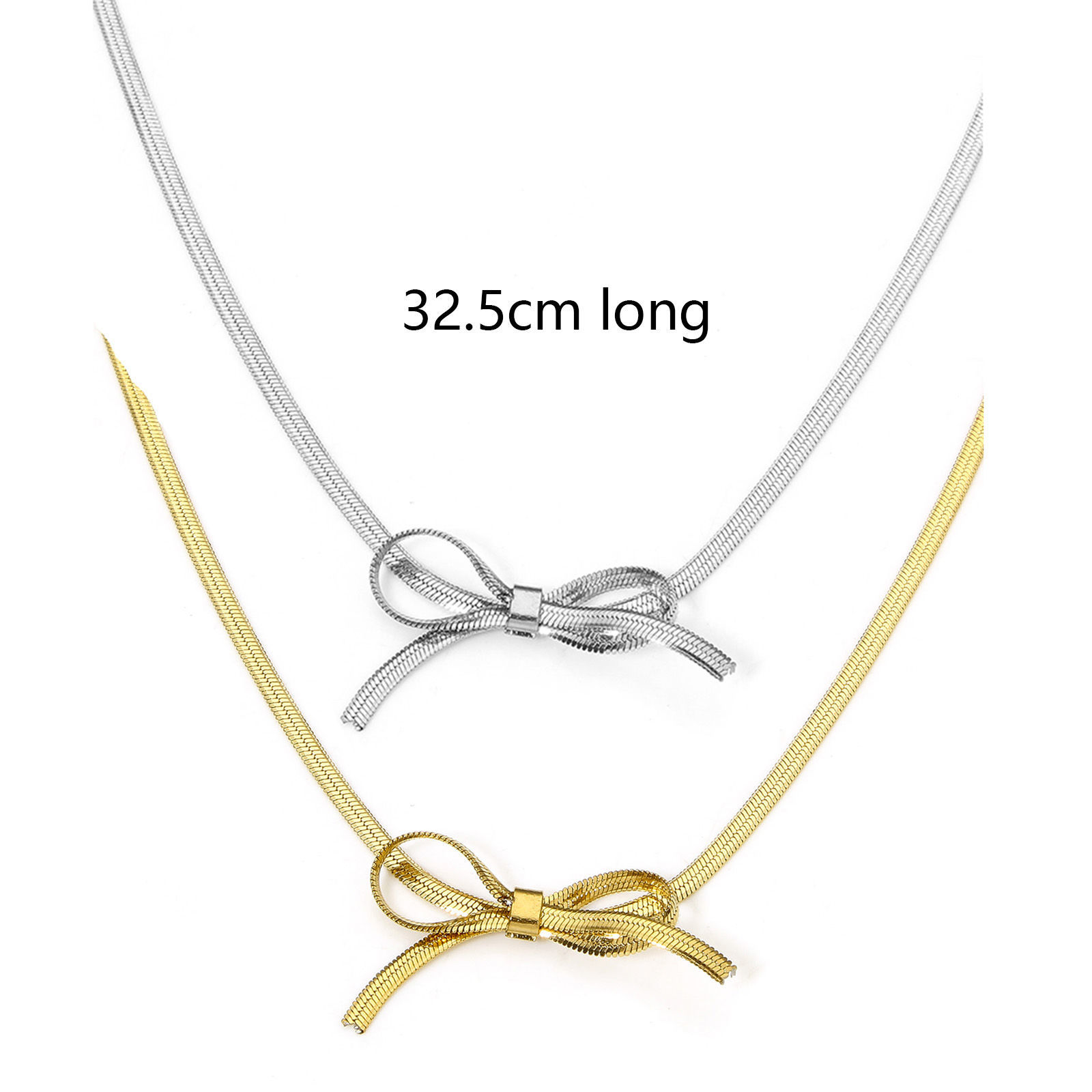 Picture of 304 Stainless Steel Flat Snake Chain Necklace Bowknot With Lobster Claw Clasp And Extender Chain 32.5cm(12 6/8") long