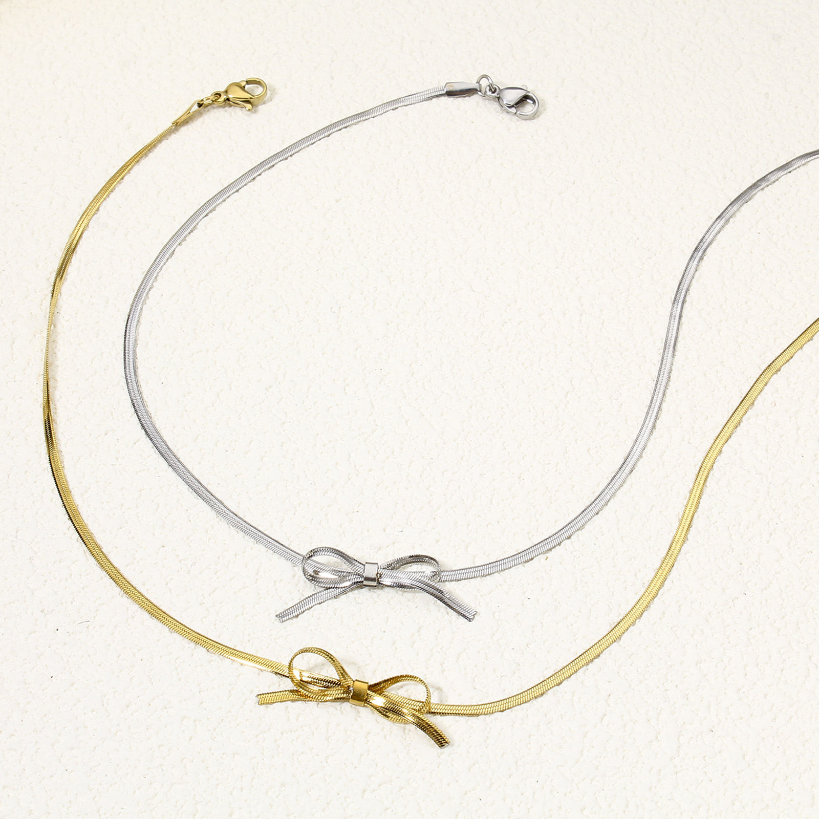 Picture of 304 Stainless Steel Flat Snake Chain Necklace Bowknot With Lobster Claw Clasp And Extender Chain 32.5cm(12 6/8") long